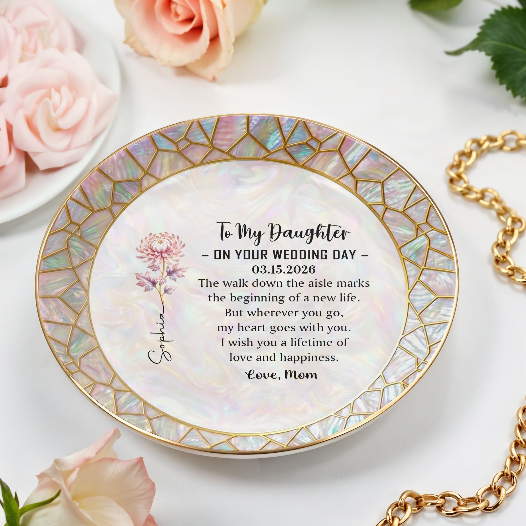 To My Daughter On Your Wedding Day With Birth Month Flower - Personalized Custom Jewelry Dish, Ceramic Dish, Round Shape - DAU354_RCRF