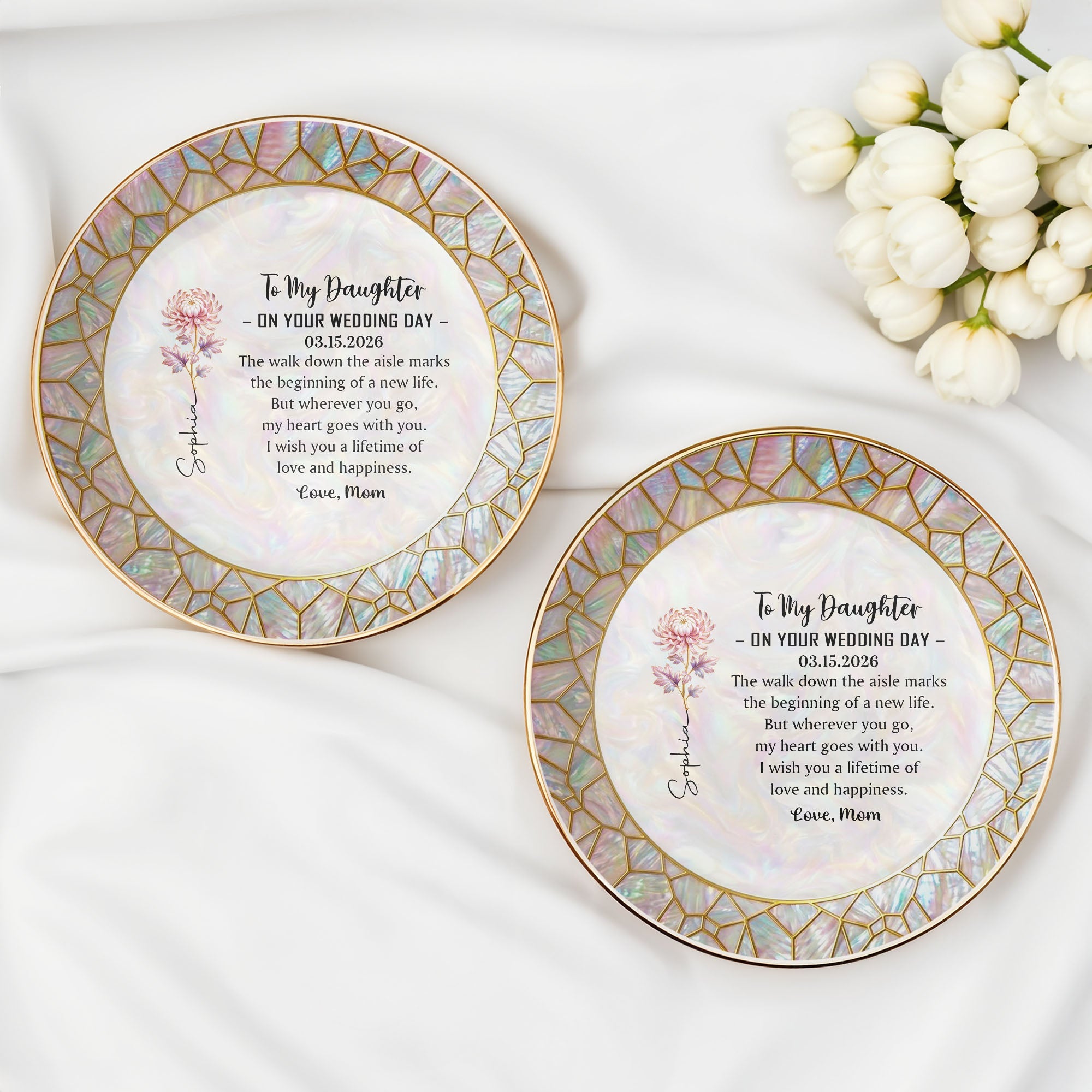 To My Daughter On Your Wedding Day With Birth Month Flower - Personalized Custom Jewelry Dish, Ceramic Dish, Round Shape - DAU354_RCRF