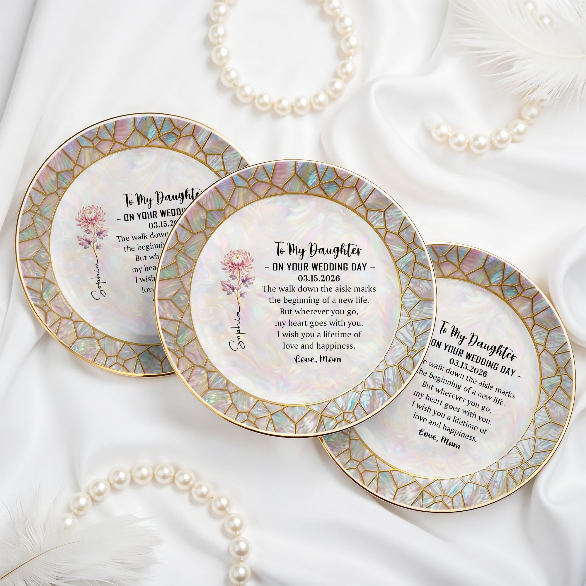 To My Daughter On Your Wedding Day With Birth Month Flower - Personalized Custom Jewelry Dish, Ceramic Dish, Round Shape - DAU354_RCRF