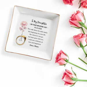 To My Daughter On Your Wedding Day Custom Birth Month Flower - Personalized Custom Jewelry Dish, Square Ceramic Dish - DAU354_SCRD