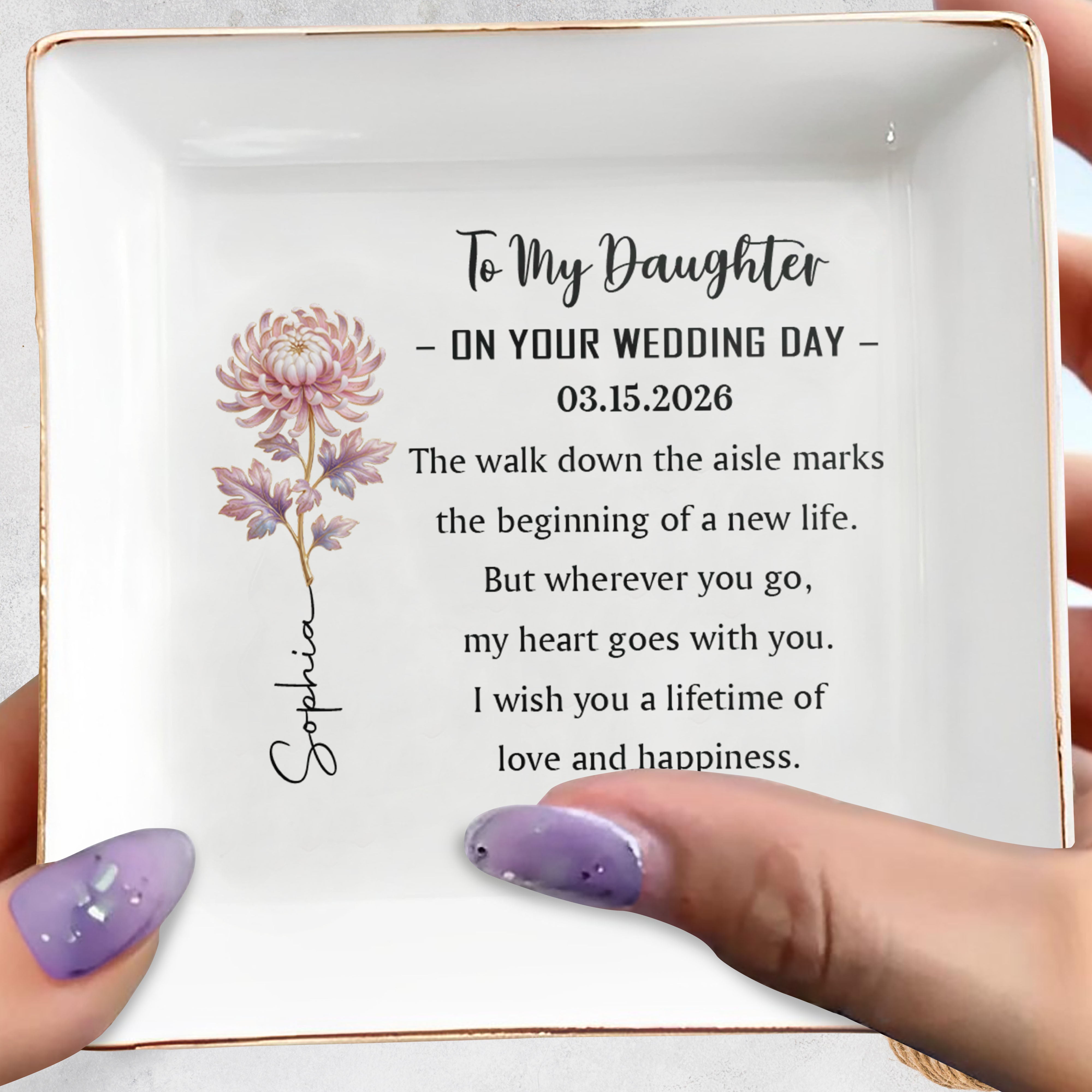 To My Daughter On Your Wedding Day Custom Birth Month Flower - Personalized Custom Jewelry Dish, Square Ceramic Dish - DAU354_SCRD