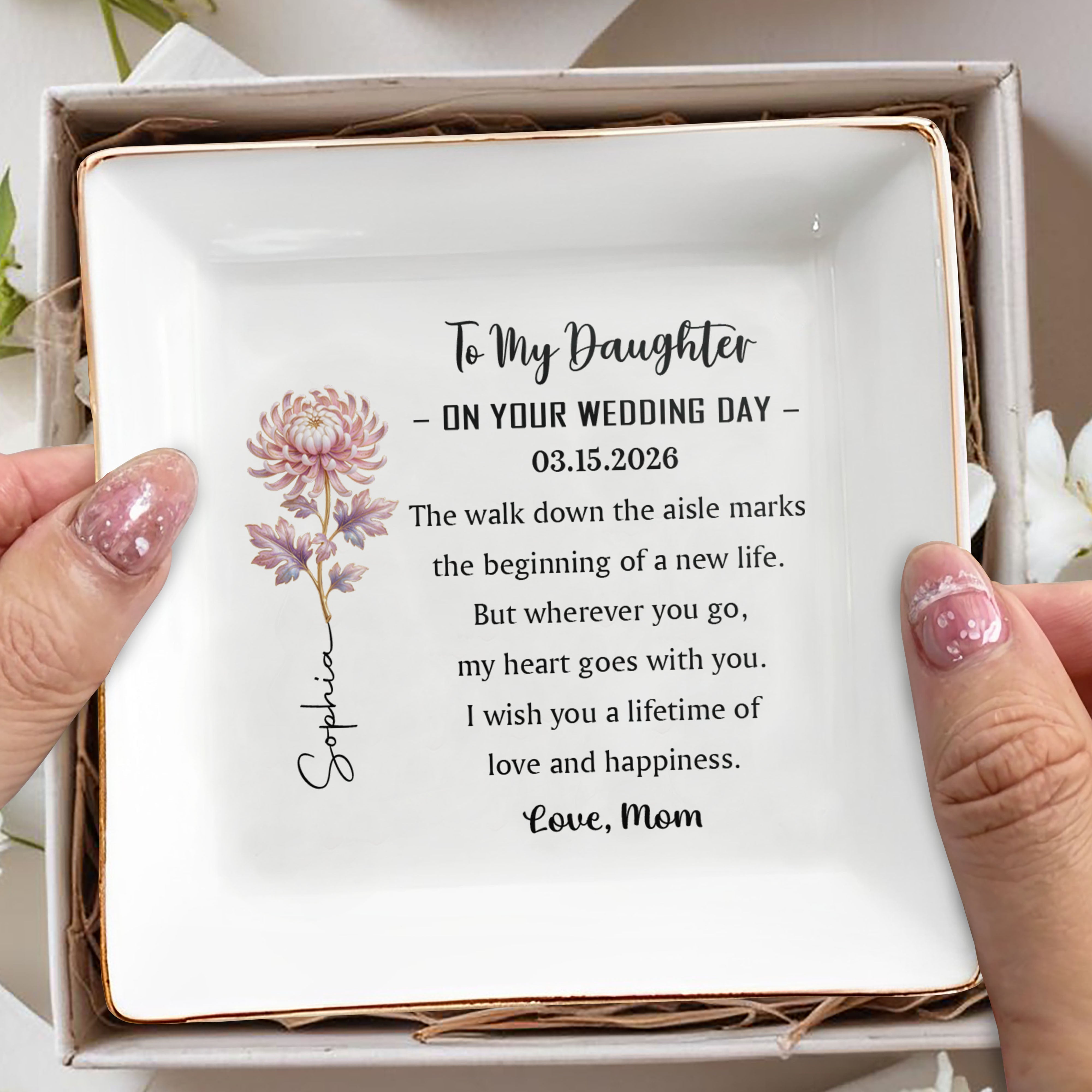 To My Daughter On Your Wedding Day Custom Birth Month Flower - Personalized Custom Jewelry Dish, Square Ceramic Dish - DAU354_SCRD