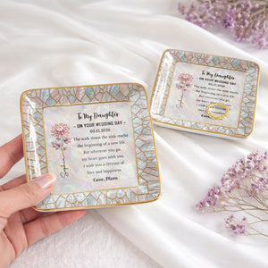To My Daughter On My Wedding Day Birth Month Flower Mosaic - Personalized Custom Jewelry Dish, Ceramic Dish, Square Shape - DAU354_SCRF