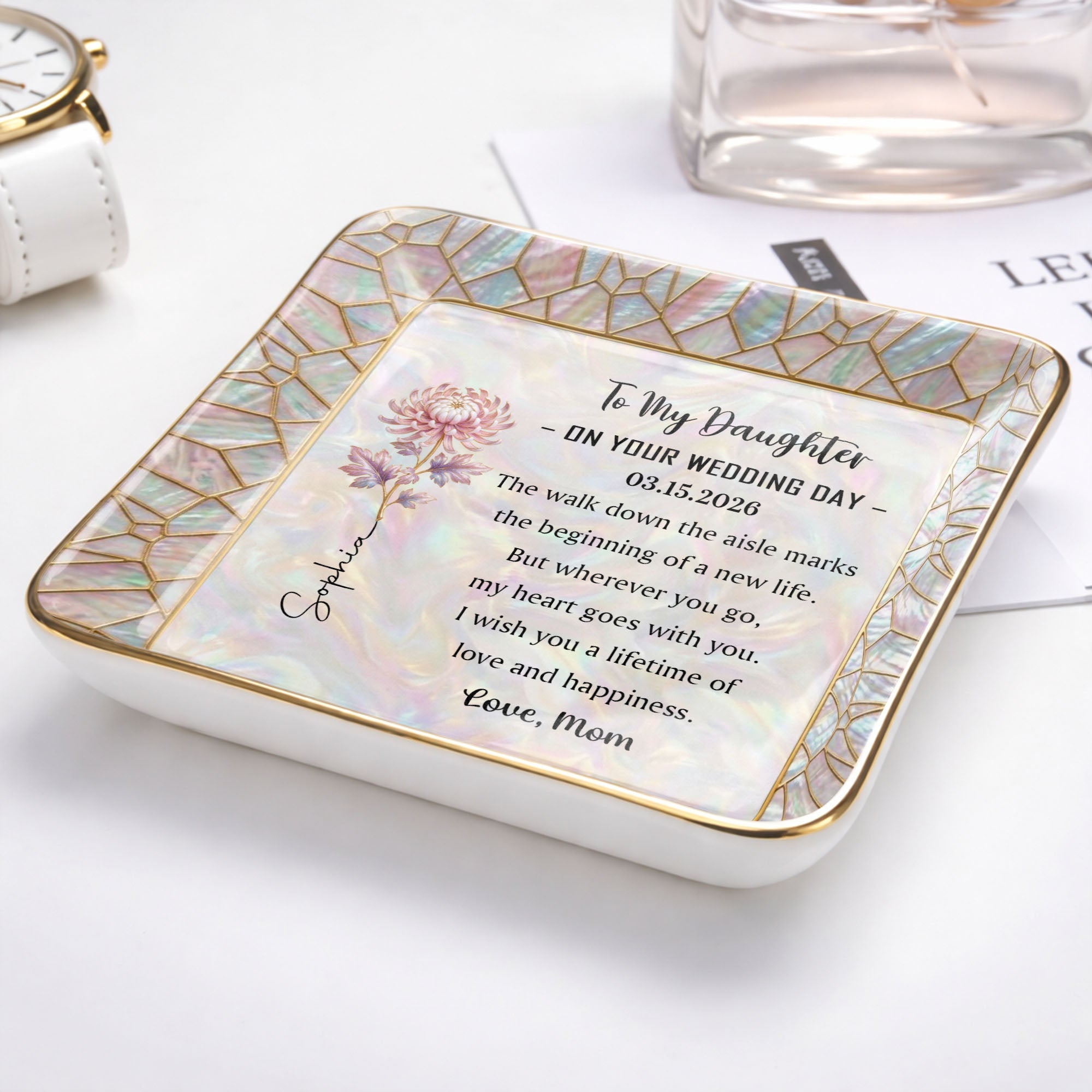 To My Daughter On My Wedding Day Birth Month Flower Mosaic - Personalized Custom Jewelry Dish, Ceramic Dish, Square Shape - DAU354_SCRF