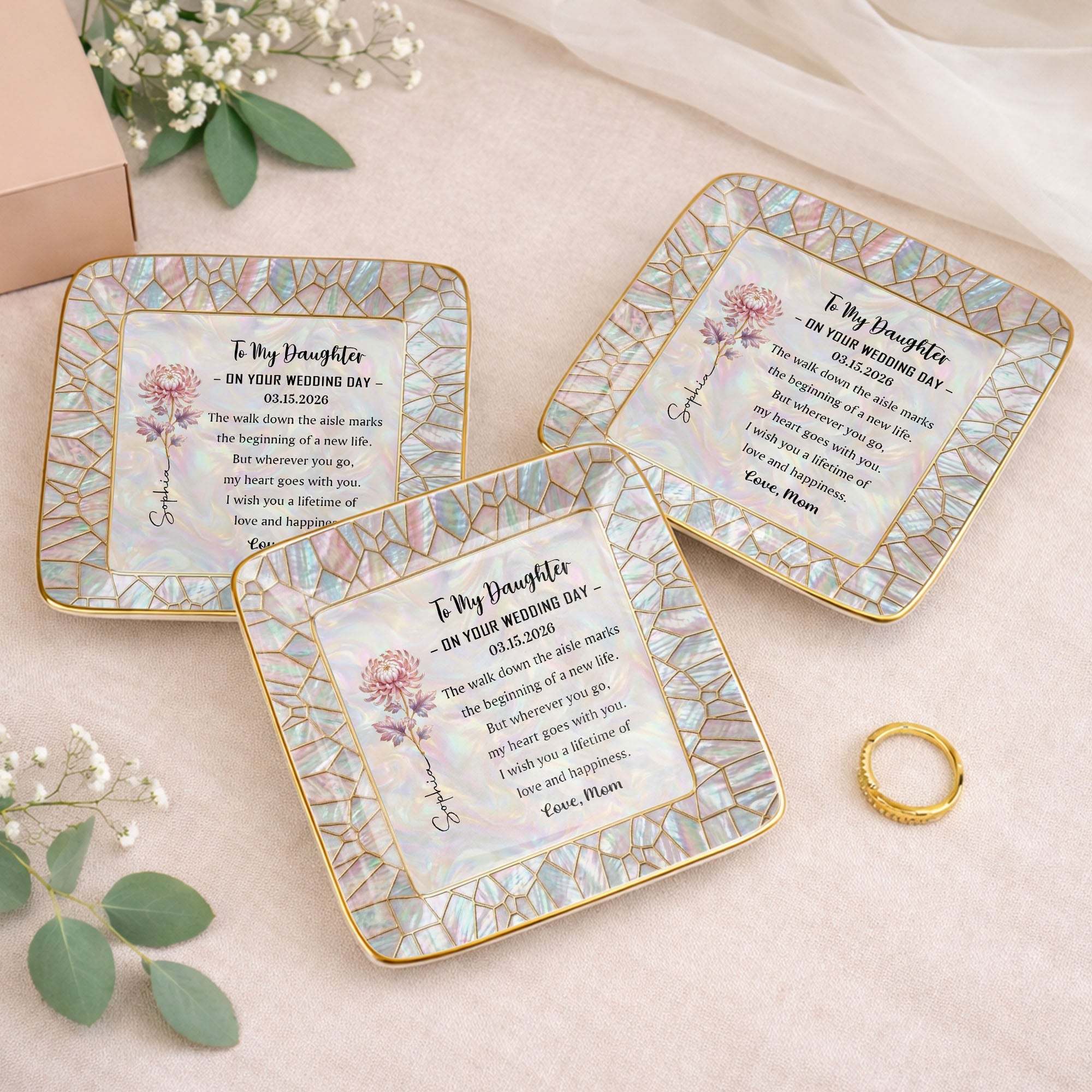 To My Daughter On My Wedding Day Birth Month Flower Mosaic - Personalized Custom Jewelry Dish, Ceramic Dish, Square Shape - DAU354_SCRF