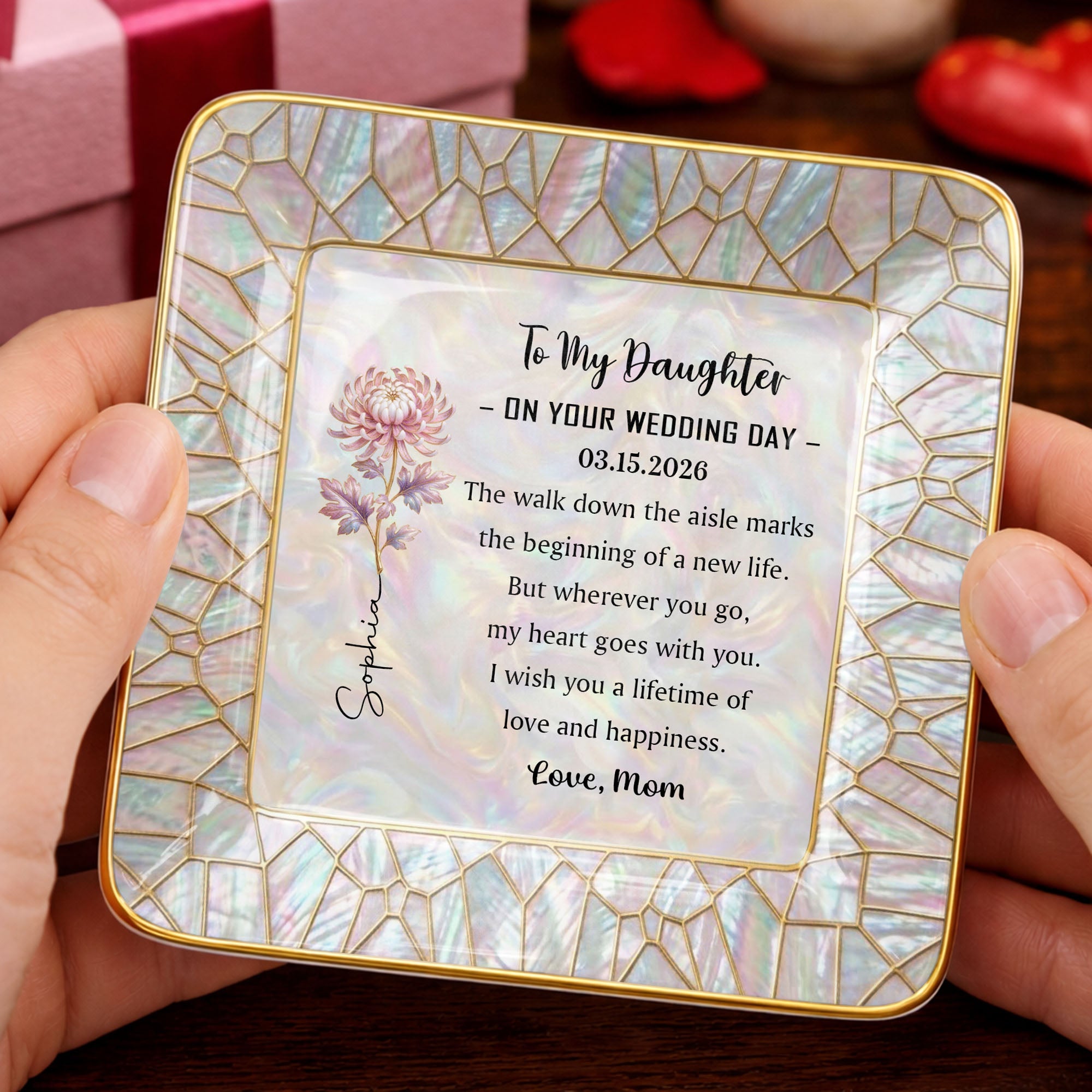 To My Daughter On My Wedding Day Birth Month Flower Mosaic - Personalized Custom Jewelry Dish, Ceramic Dish, Square Shape - DAU354_SCRF