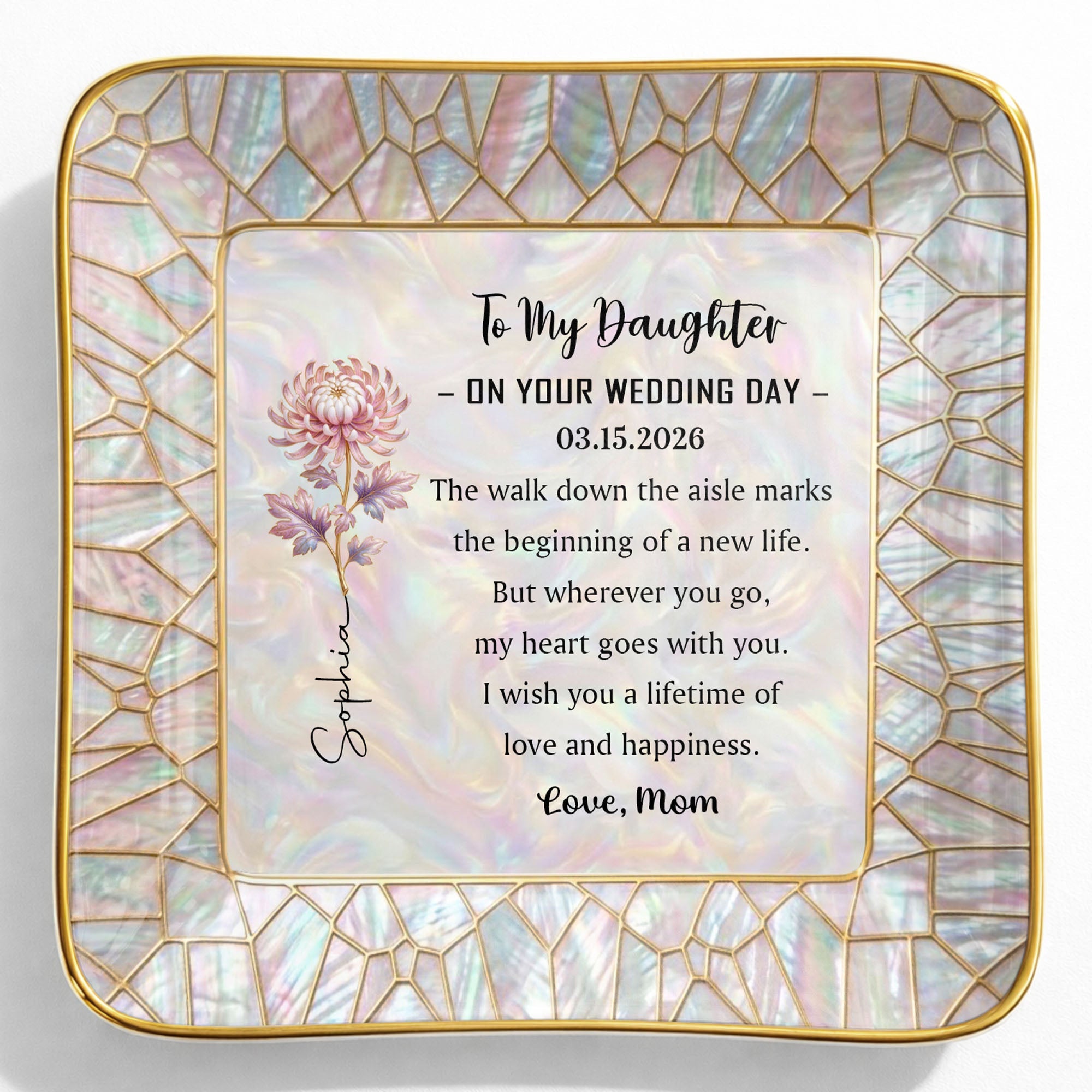 To My Daughter On My Wedding Day Birth Month Flower Mosaic - Personalized Custom Jewelry Dish, Ceramic Dish, Square Shape - DAU354_SCRF