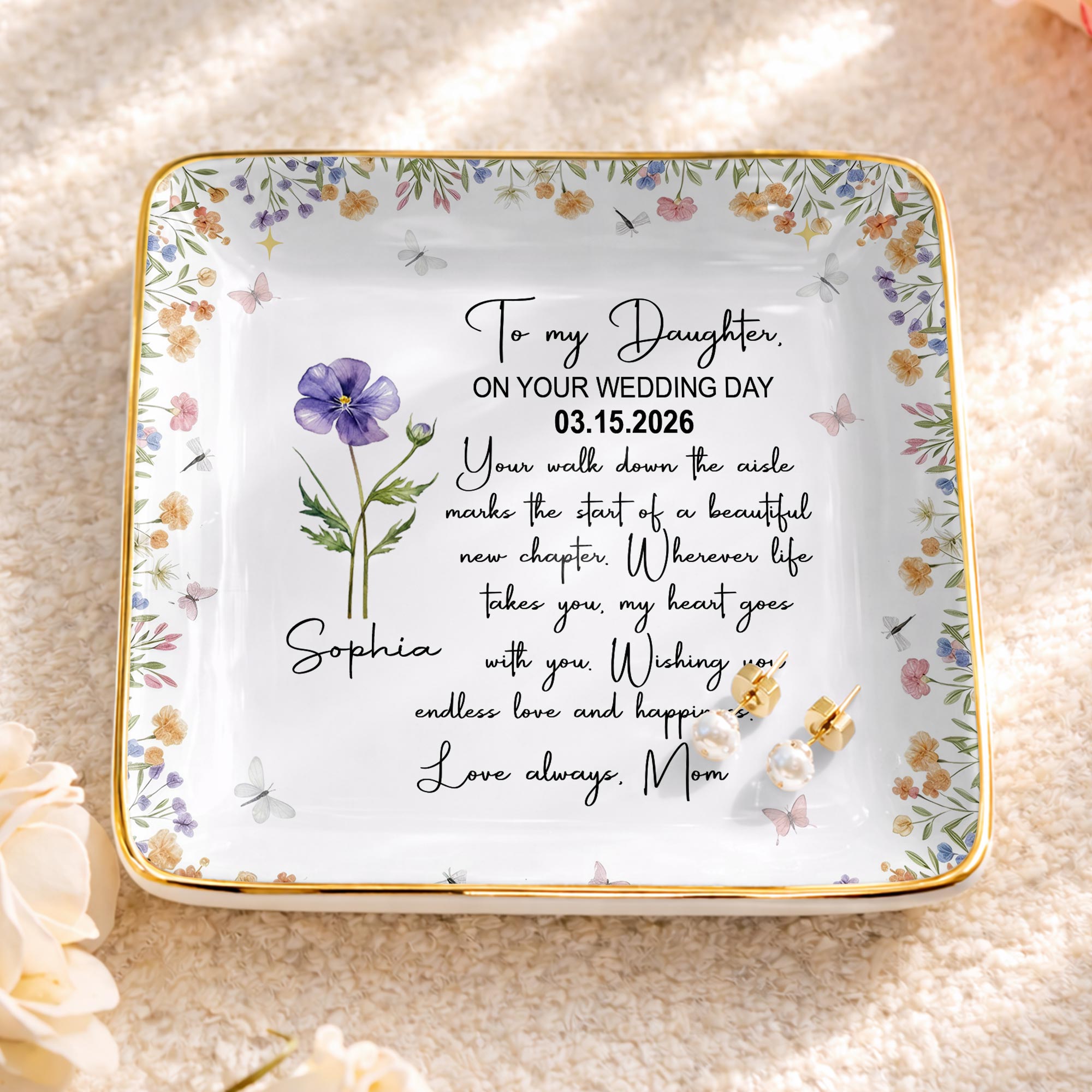 To My Daughter On Your Wedding Day With Purple Flower - Personalized Custom Jewelry Dish, Ceramic Dish, Square Shape - DAU356_SCRF