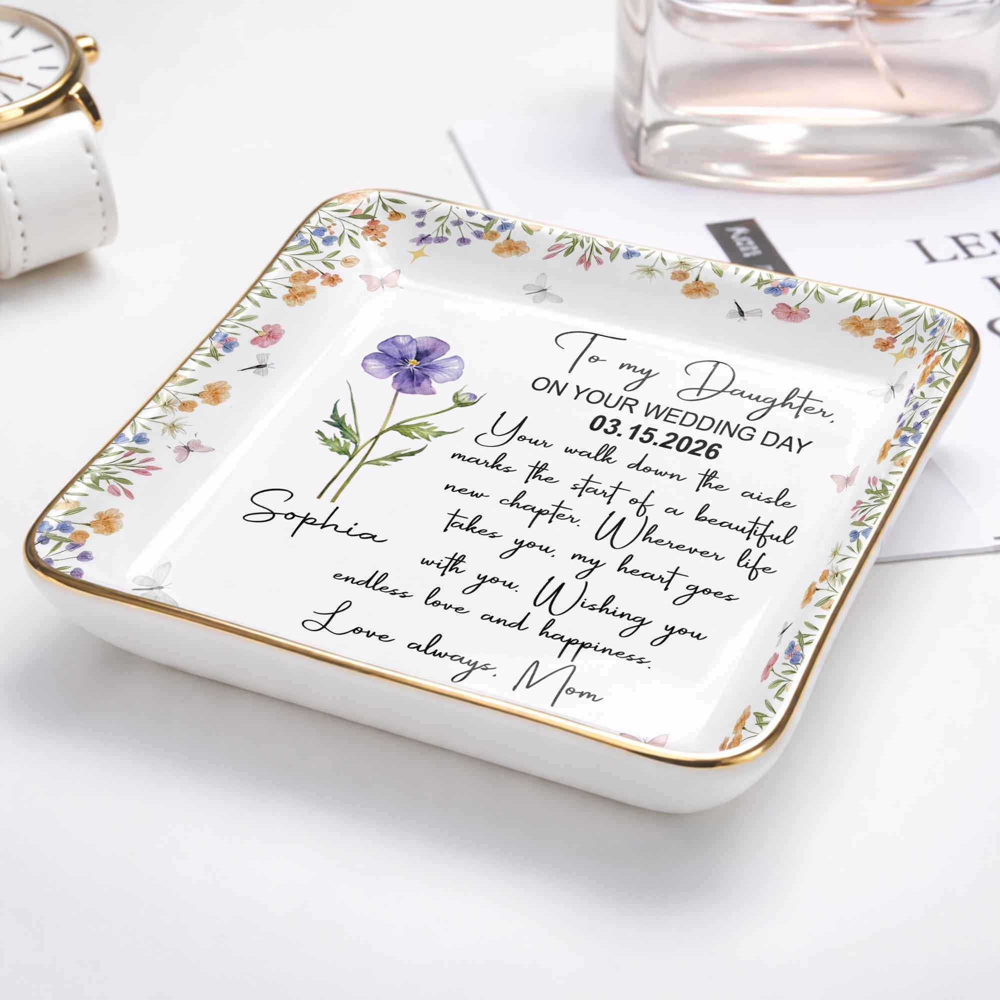 To My Daughter On Your Wedding Day With Purple Flower - Personalized Custom Jewelry Dish, Ceramic Dish, Square Shape - DAU356_SCRF
