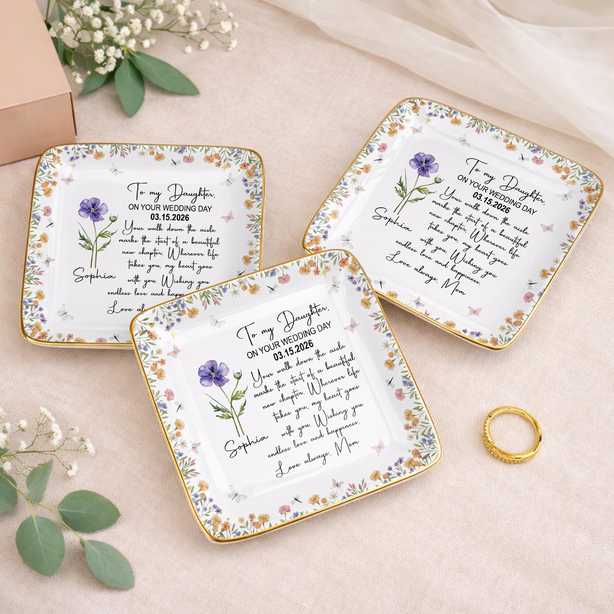 To My Daughter On Your Wedding Day With Purple Flower - Personalized Custom Jewelry Dish, Ceramic Dish, Square Shape - DAU356_SCRF