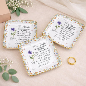 To My Daughter On Your Wedding Day With Purple Flower - Personalized Custom Jewelry Dish, Ceramic Dish, Square Shape - DAU356_SCRF