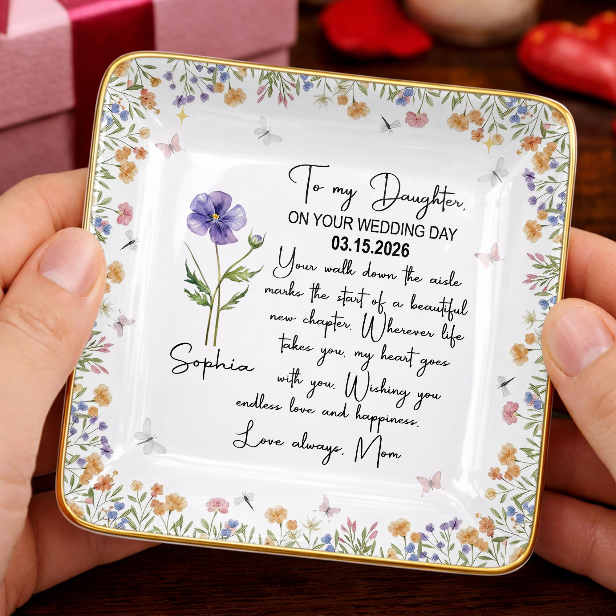 To My Daughter On Your Wedding Day With Purple Flower - Personalized Custom Jewelry Dish, Ceramic Dish, Square Shape - DAU356_SCRF