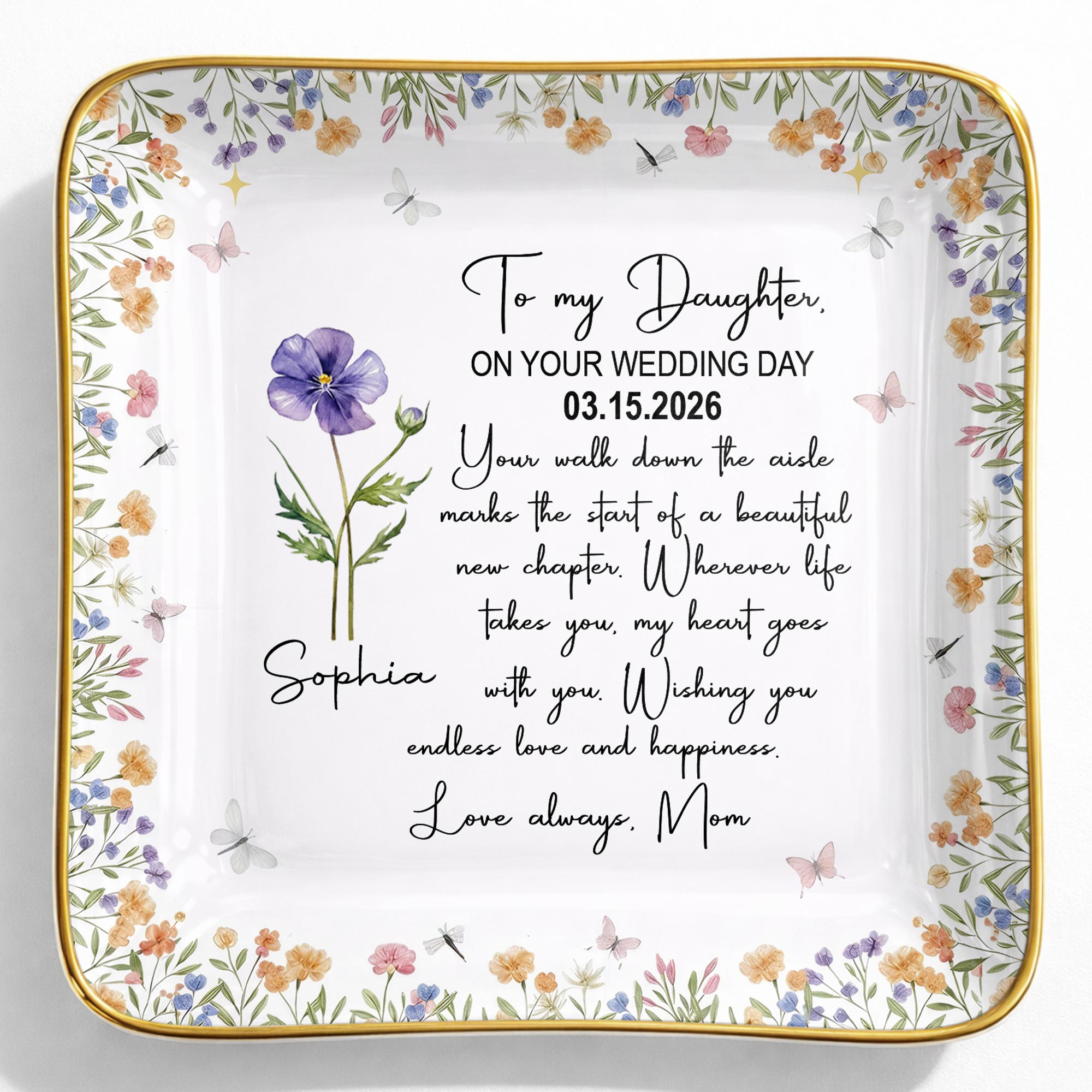 To My Daughter On Your Wedding Day With Purple Flower - Personalized Custom Jewelry Dish, Ceramic Dish, Square Shape - DAU356_SCRF