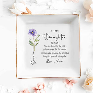 To My Daughter You Are Loved Birth Month Flower - Personalized Custom Jewelry Dish, Square Ceramic Dish - DAU357_SCRD