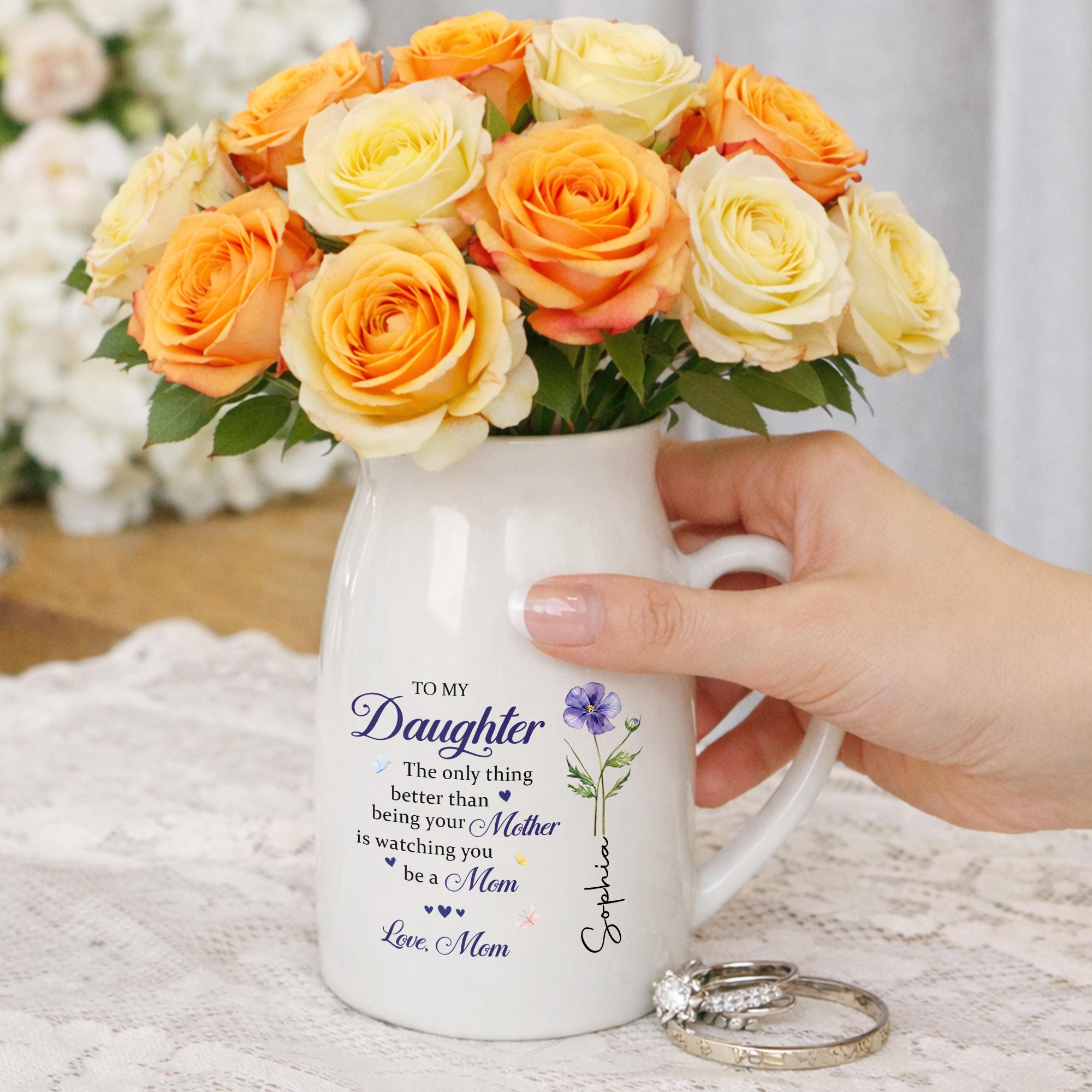To My Daughter Better Than Being Your Mother Floral Birth Flower - Personalized Ceramic Flower Vase