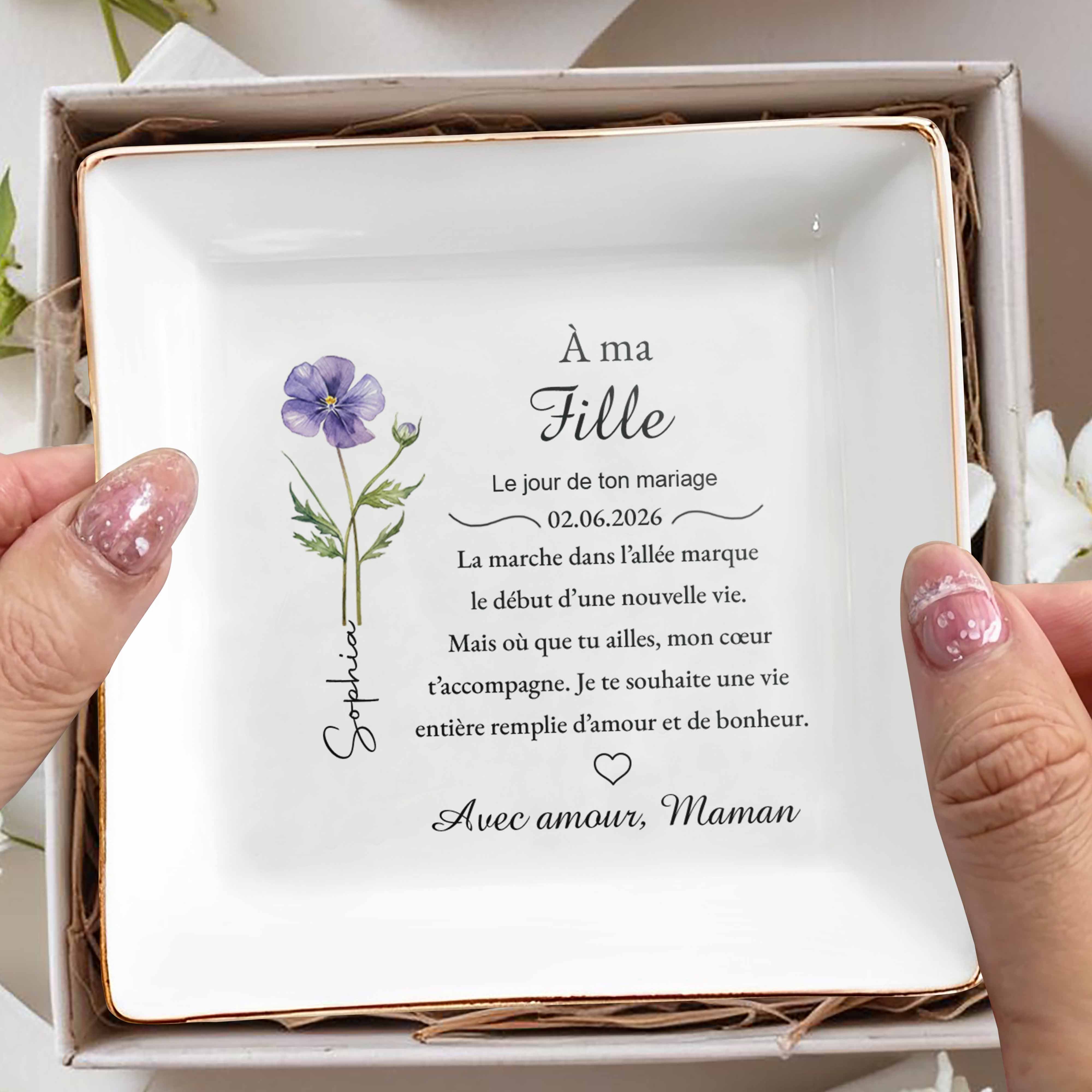 À Ma Fille Le Jour De Ton Mariage Birth Month Flower - Personalized Custom Jewelry Dish, Square Ceramic Dish - DAU359_SCRD