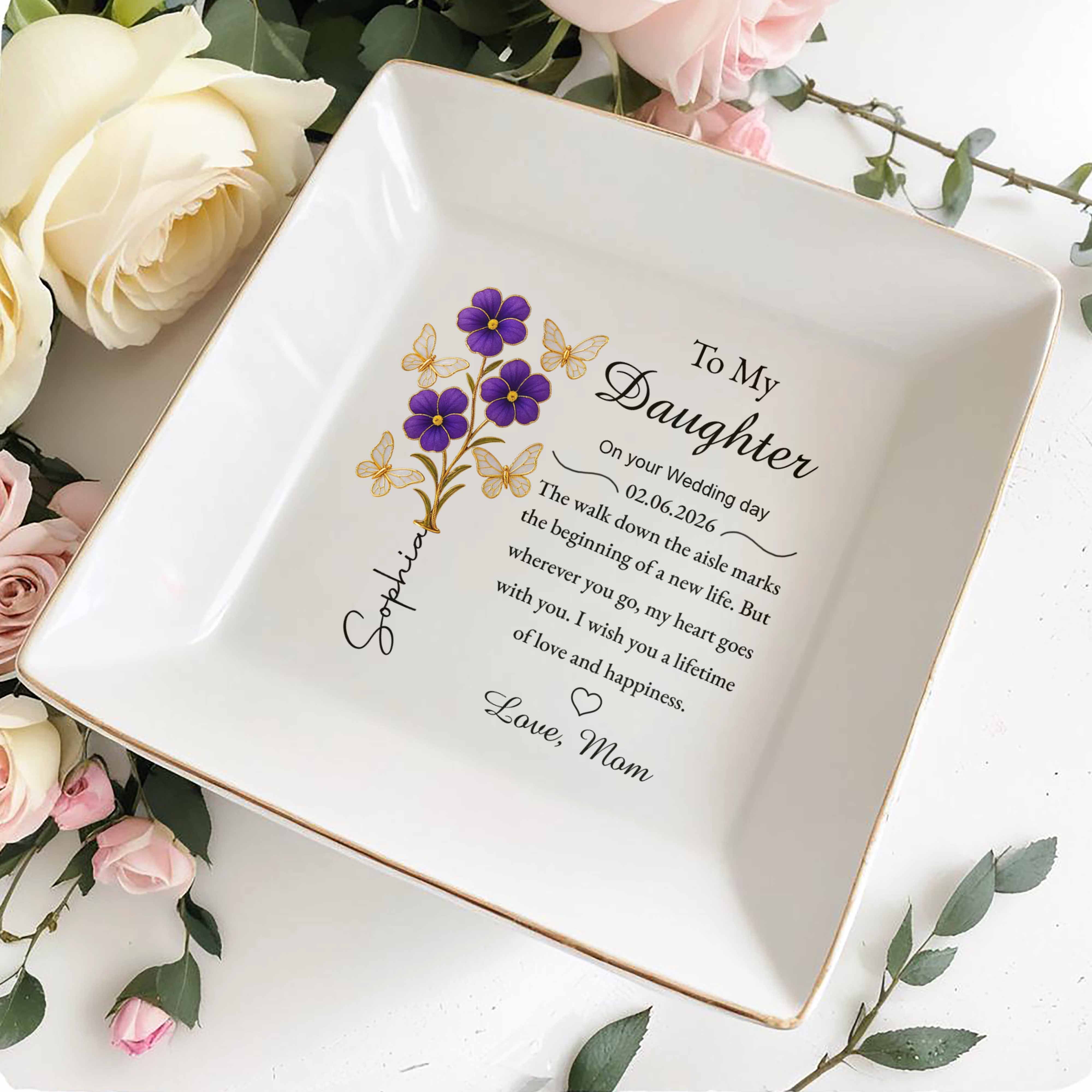 To My Daughter On Your Wedding Day Purple Flowers And Butterflies - Personalized Custom Jewelry Dish, Square Ceramic Dish - DAU360_SCRD