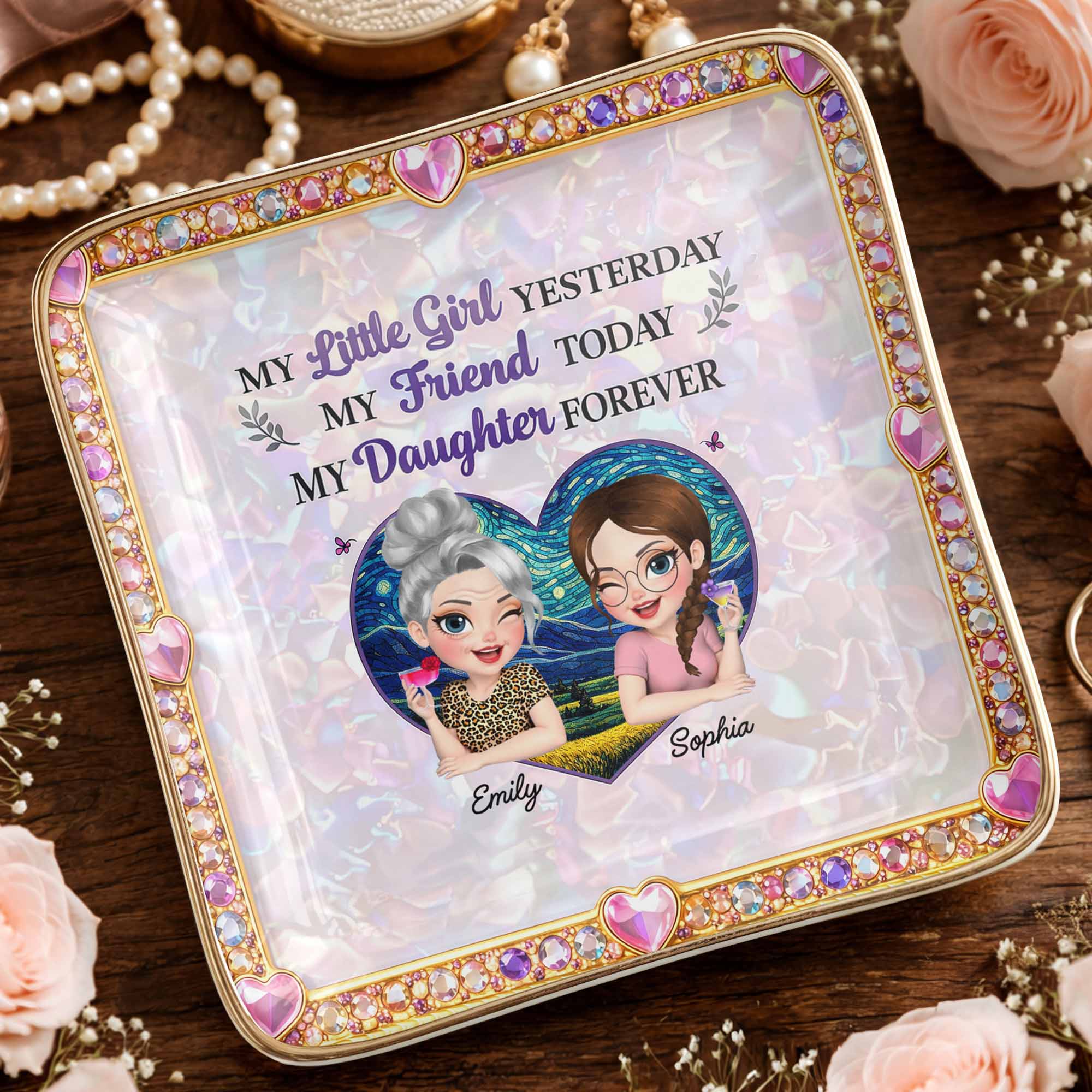 My Little Girl Yesterday My Friend Today My Daughter Forever Heart Flower - Personalized Custom Jewelry Dish, Ceramic Dish, Square Shape - DAU364_SCRF