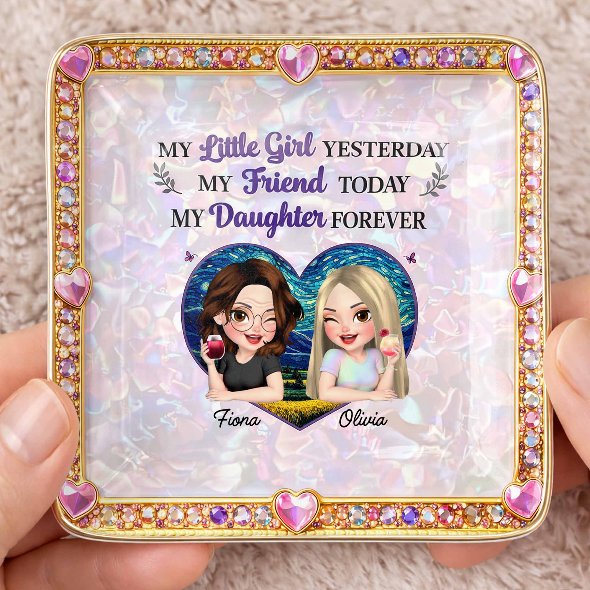 My Little Girl Yesterday My Friend Today My Daughter Forever Heart Flower - Personalized Custom Jewelry Dish, Ceramic Dish, Square Shape - DAU364_SCRF