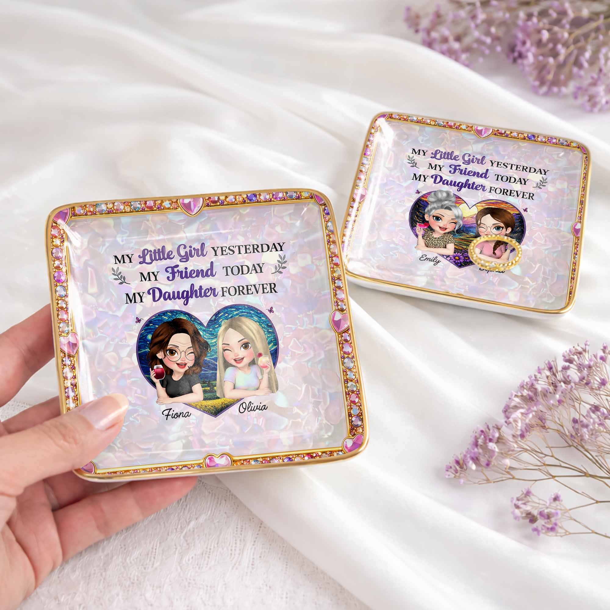 My Little Girl Yesterday My Friend Today My Daughter Forever Heart Flower - Personalized Custom Jewelry Dish, Ceramic Dish, Square Shape - DAU364_SCRF