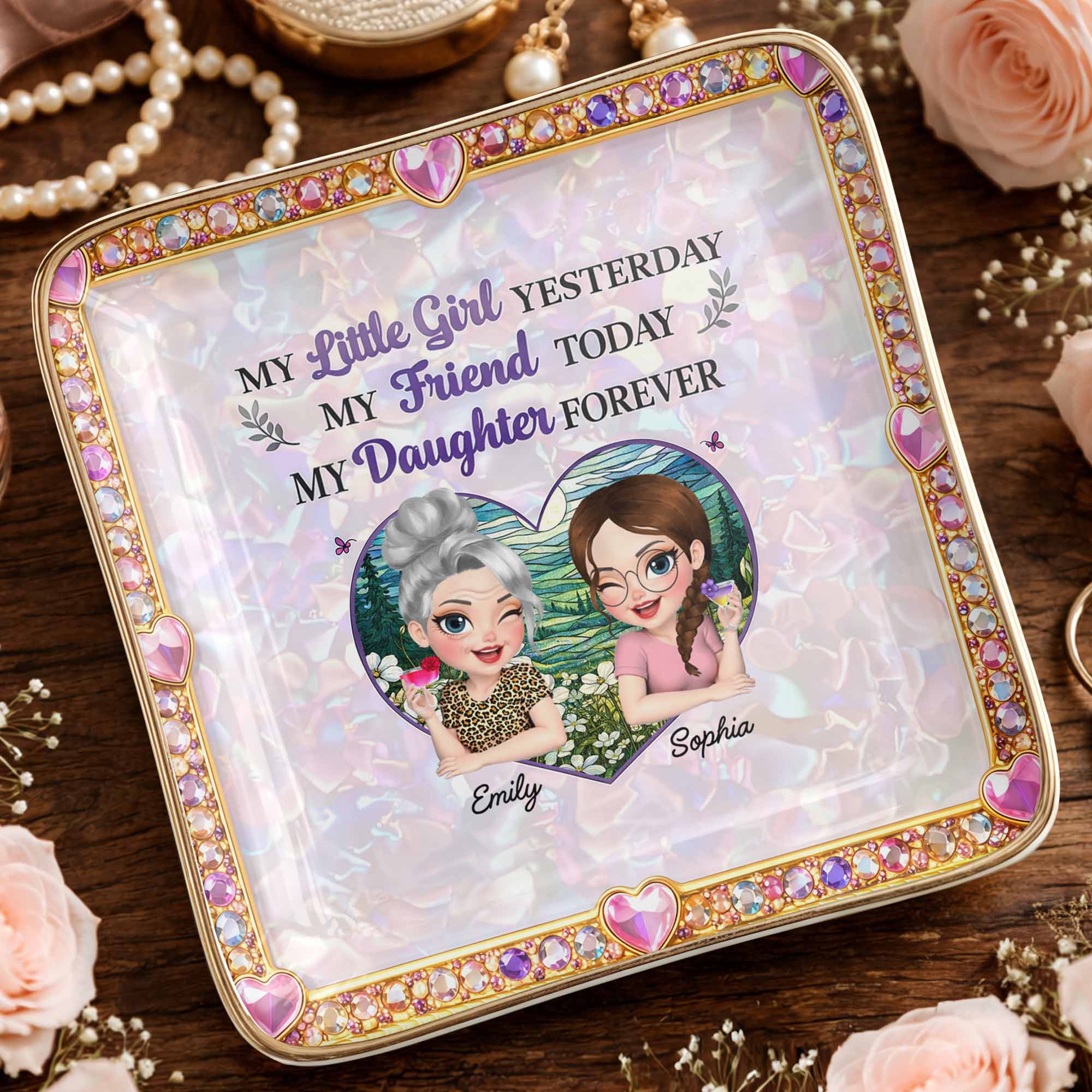 My Little Girl Yesterday My Friend Today My Daughter Forever Heart Flower - Personalized Custom Jewelry Dish, Ceramic Dish, Square Shape - DAU364_SCRF