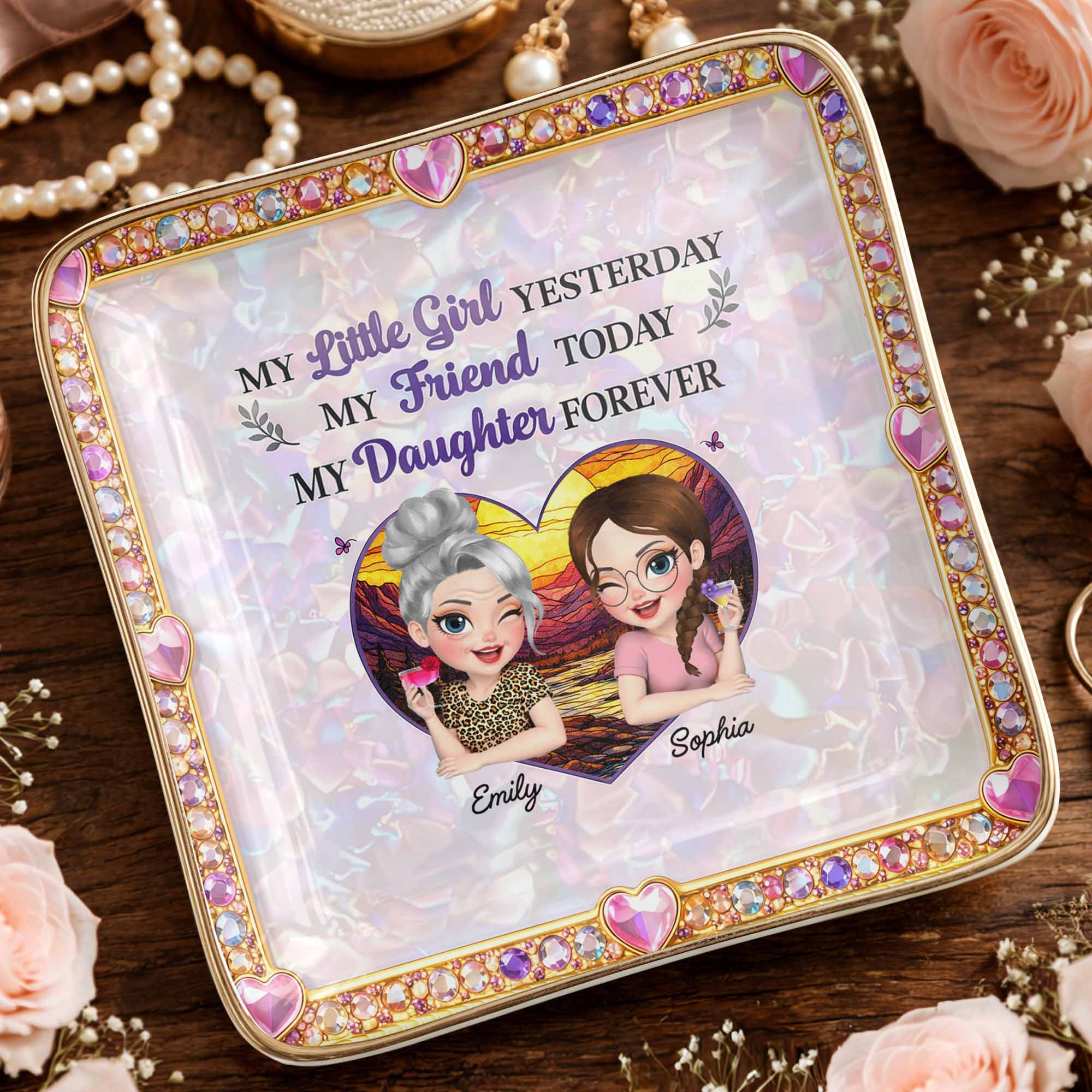 My Little Girl Yesterday My Friend Today My Daughter Forever Heart Flower - Personalized Custom Jewelry Dish, Ceramic Dish, Square Shape - DAU364_SCRF
