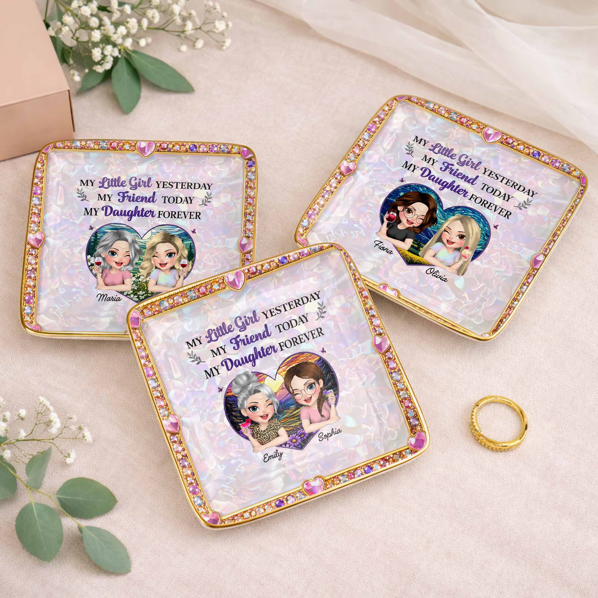 My Little Girl Yesterday My Friend Today My Daughter Forever Heart Flower - Personalized Custom Jewelry Dish, Ceramic Dish, Square Shape - DAU364_SCRF