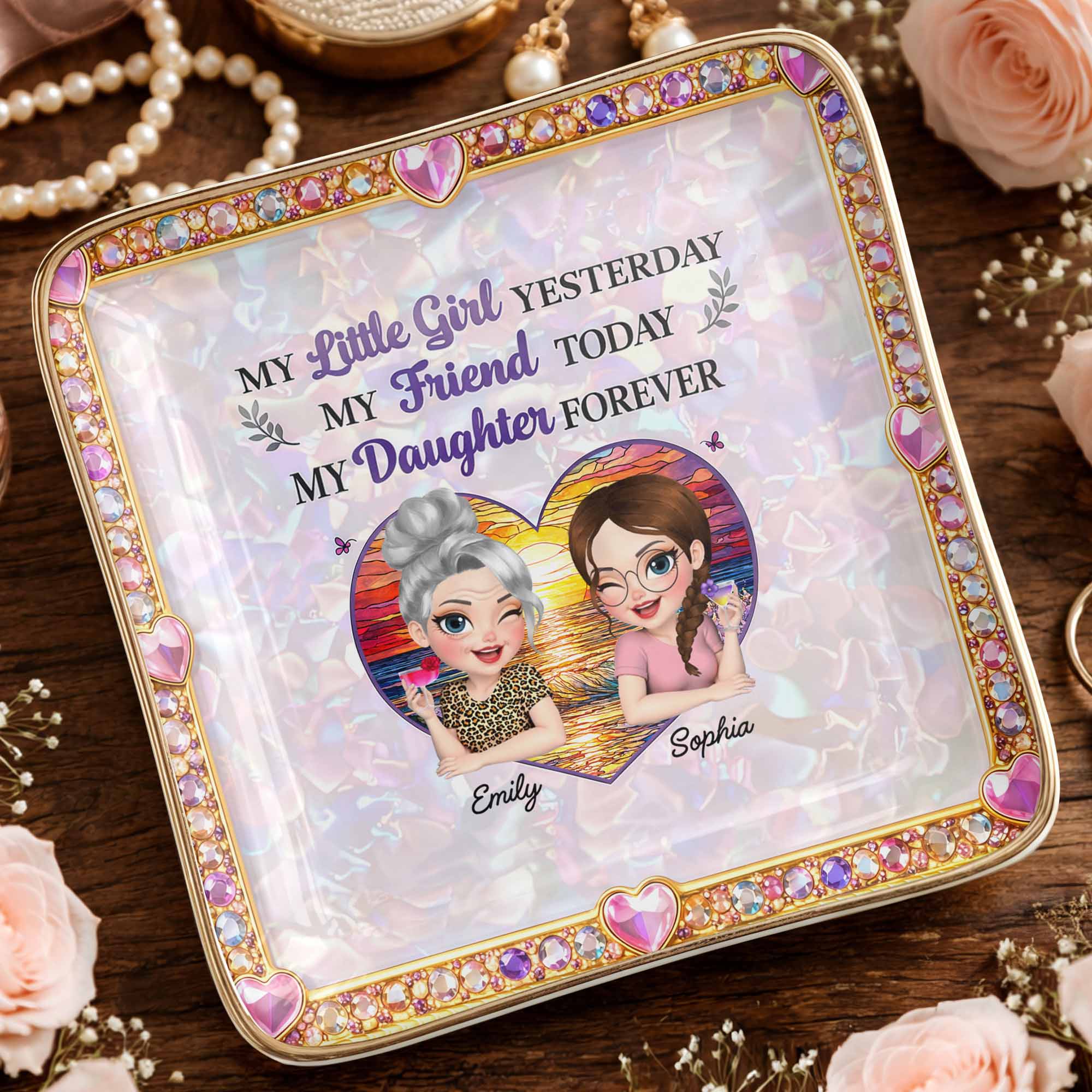My Little Girl Yesterday My Friend Today My Daughter Forever Heart Flower - Personalized Custom Jewelry Dish, Ceramic Dish, Square Shape - DAU364_SCRF