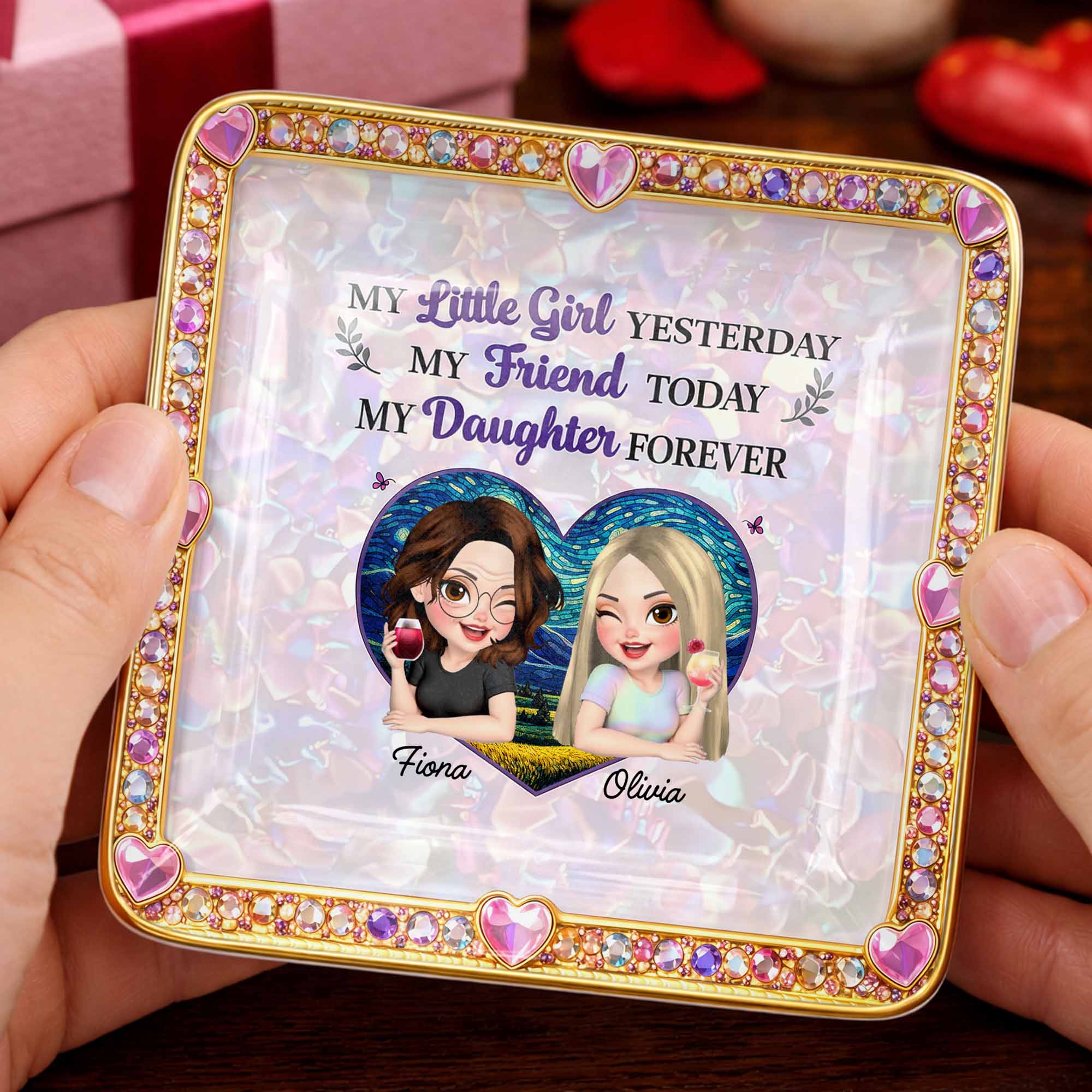 My Little Girl Yesterday My Friend Today My Daughter Forever Heart Flower - Personalized Custom Jewelry Dish, Ceramic Dish, Square Shape - DAU364_SCRF