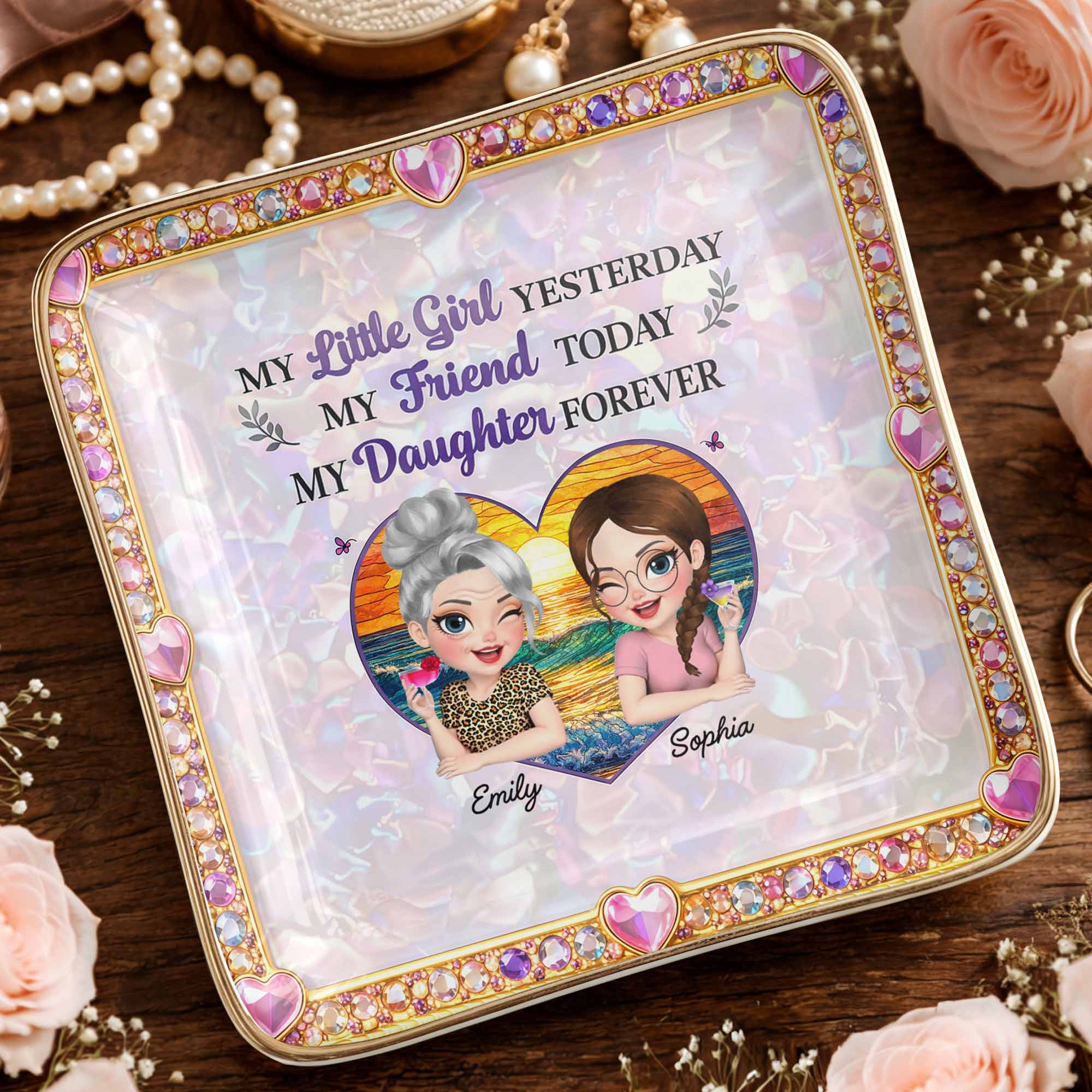 My Little Girl Yesterday My Friend Today My Daughter Forever Heart Flower - Personalized Custom Jewelry Dish, Ceramic Dish, Square Shape - DAU364_SCRF