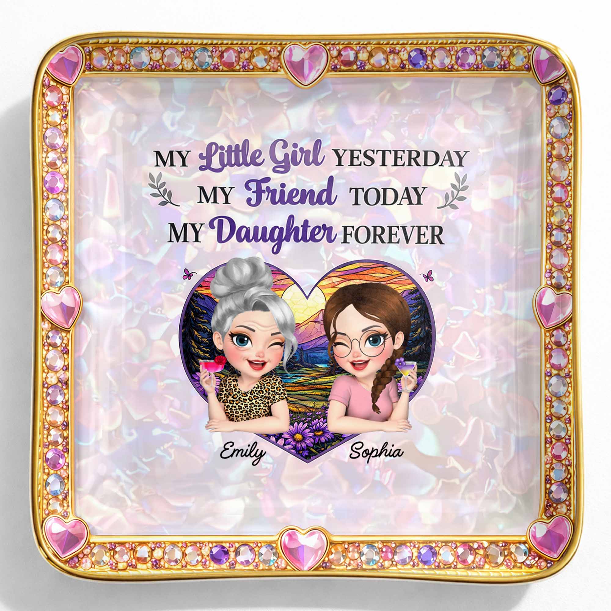 My Little Girl Yesterday My Friend Today My Daughter Forever Heart Flower - Personalized Custom Jewelry Dish, Ceramic Dish, Square Shape - DAU364_SCRF