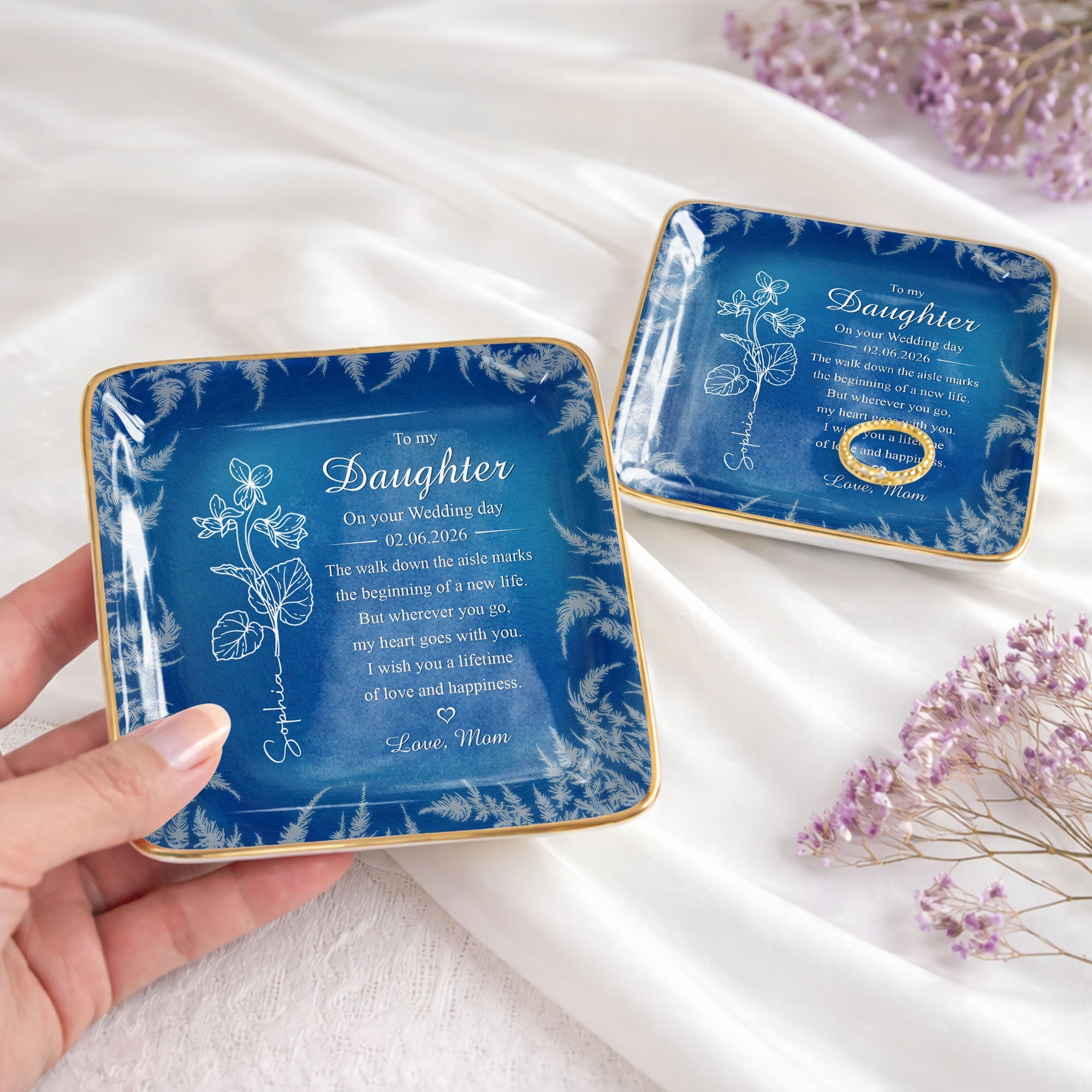 To My Daughter On Your Wedding Day Birth Month Flower - Personalized Custom Jewelry Dish, Ceramic Dish, Square Shape - DAU370_SCRF