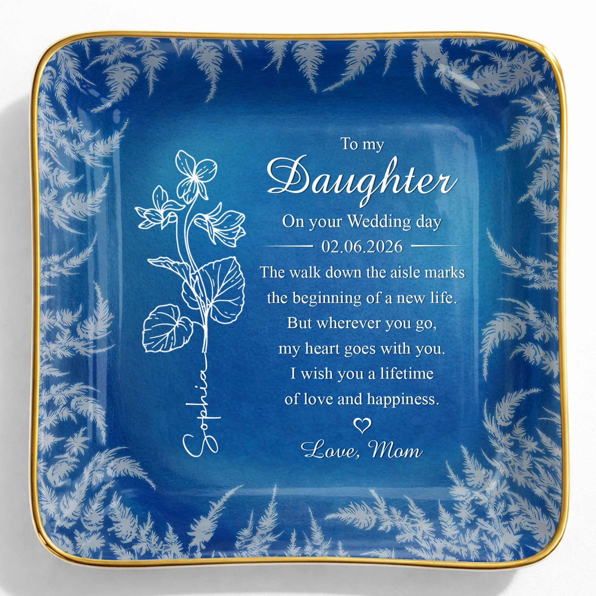 To My Daughter On Your Wedding Day Birth Month Flower - Personalized Custom Jewelry Dish, Ceramic Dish, Square Shape - DAU370_SCRF