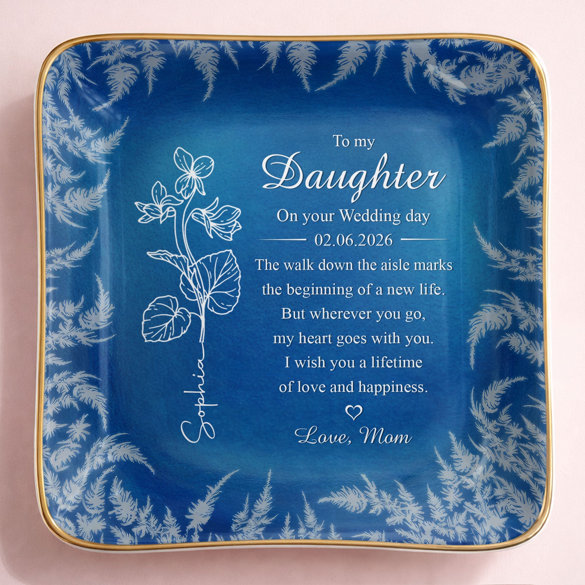 To My Daughter On Your Wedding Day Birth Month Flower - Personalized Custom Jewelry Dish, Ceramic Dish, Square Shape - DAU370_SCRF
