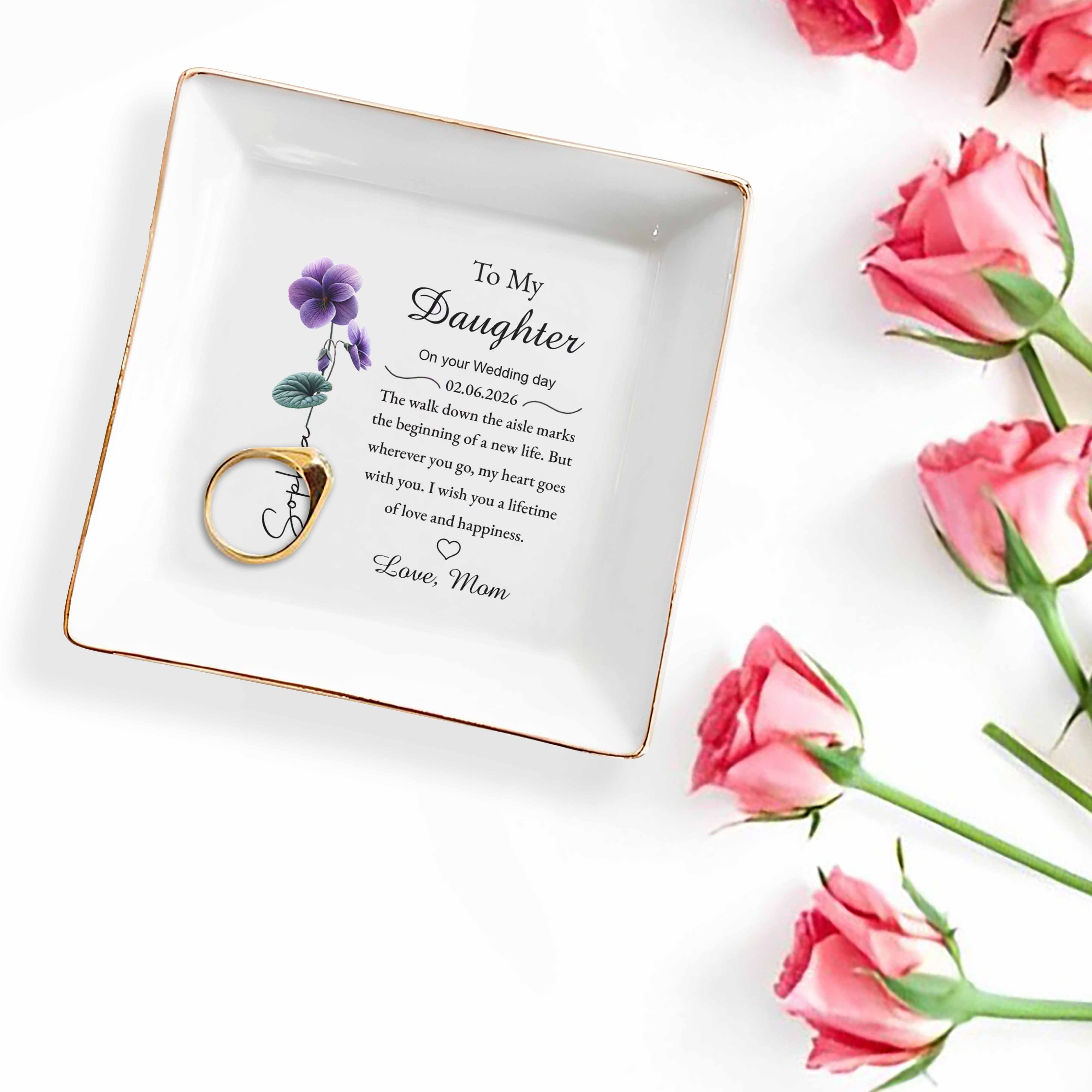 To My Daughter On Your Wedding Day Flower Heart - Personalized Custom Jewelry Dish, Square Ceramic Dish - DAU371_SCRD