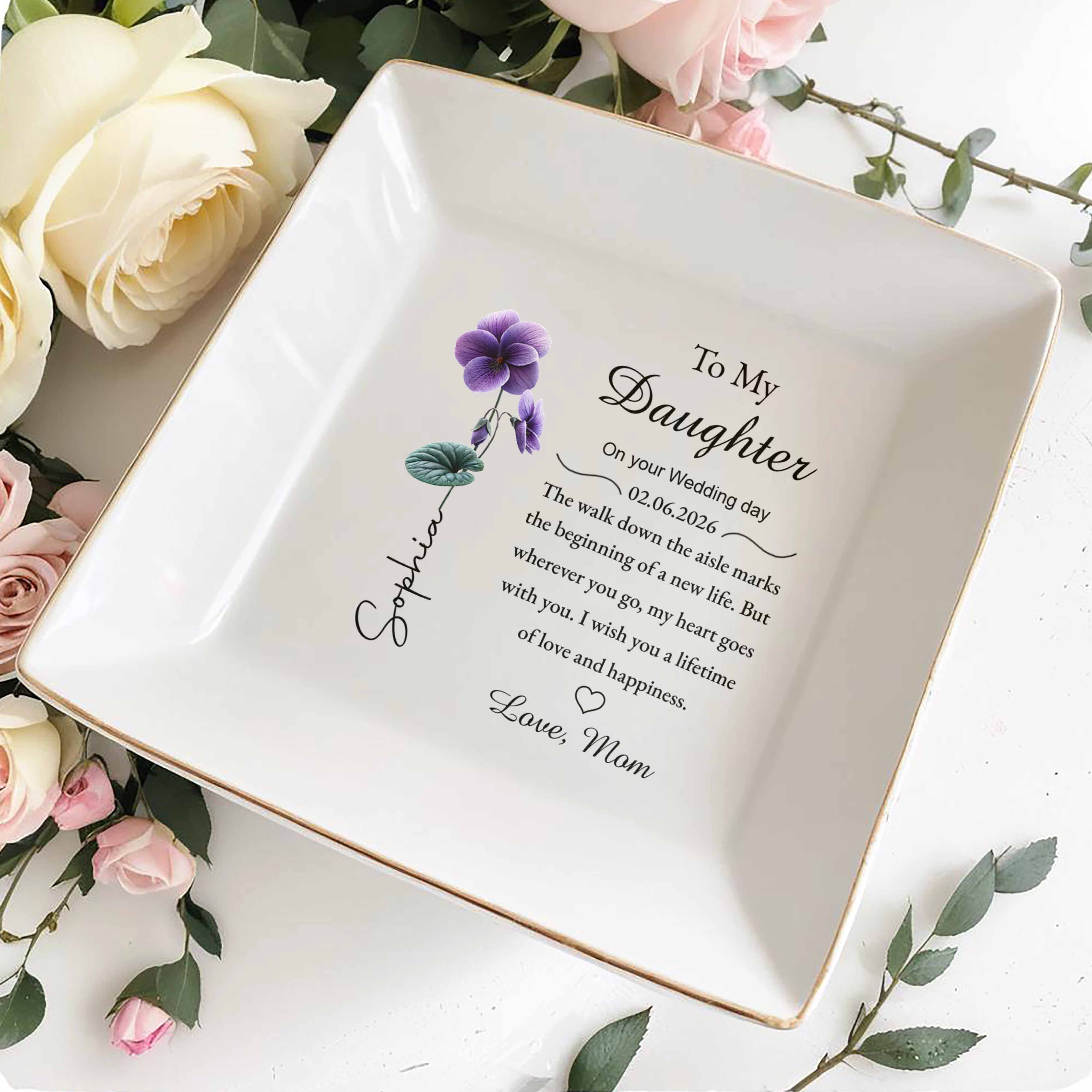 To My Daughter On Your Wedding Day Flower Heart - Personalized Custom Jewelry Dish, Square Ceramic Dish - DAU371_SCRD