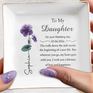 To My Daughter On Your Wedding Day Flower Heart - Personalized Custom Jewelry Dish, Square Ceramic Dish - DAU371_SCRD