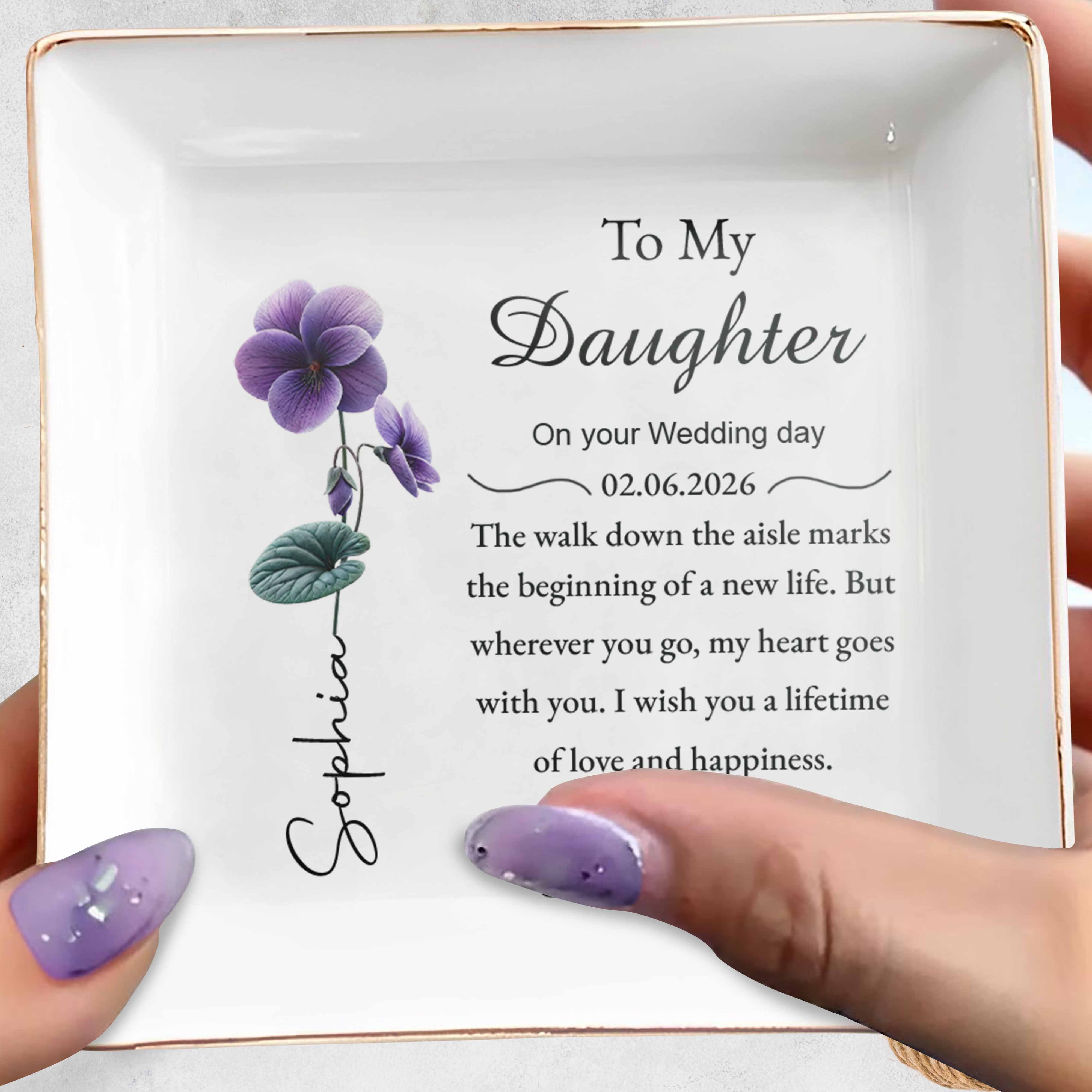 To My Daughter On Your Wedding Day Flower Heart - Personalized Custom Jewelry Dish, Square Ceramic Dish - DAU371_SCRD