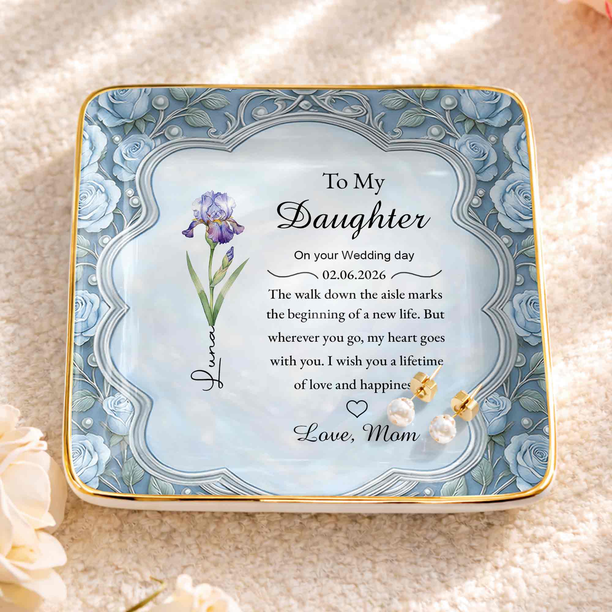 To My Daughter On Your Wedding Day Birth Month Flowers Ceramic Dish - Personalized Custom Jewelry Dish, Ceramic Dish, Square Shape - DAU372_SCRF