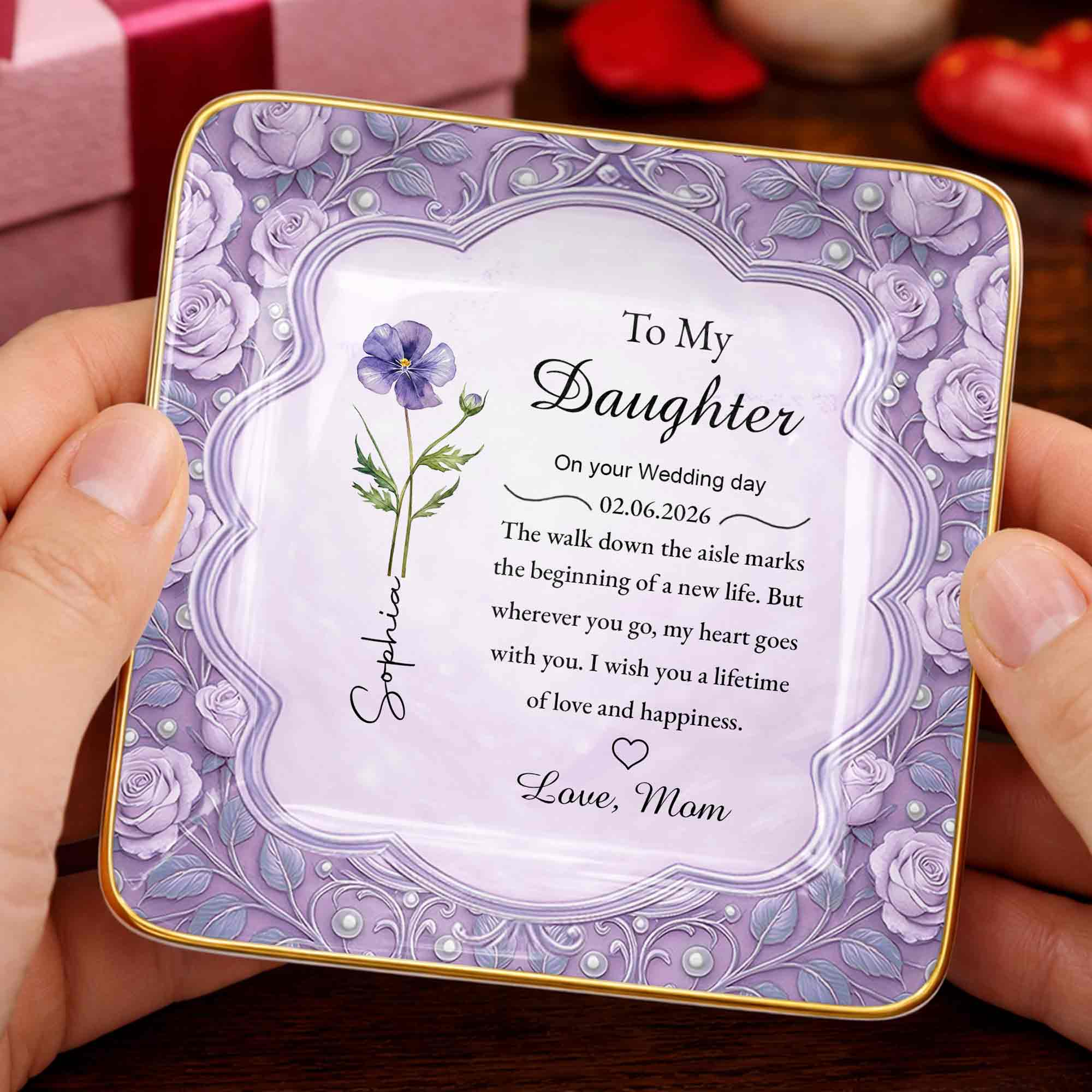 To My Daughter On Your Wedding Day Birth Month Flowers Ceramic Dish - Personalized Custom Jewelry Dish, Ceramic Dish, Square Shape - DAU372_SCRF