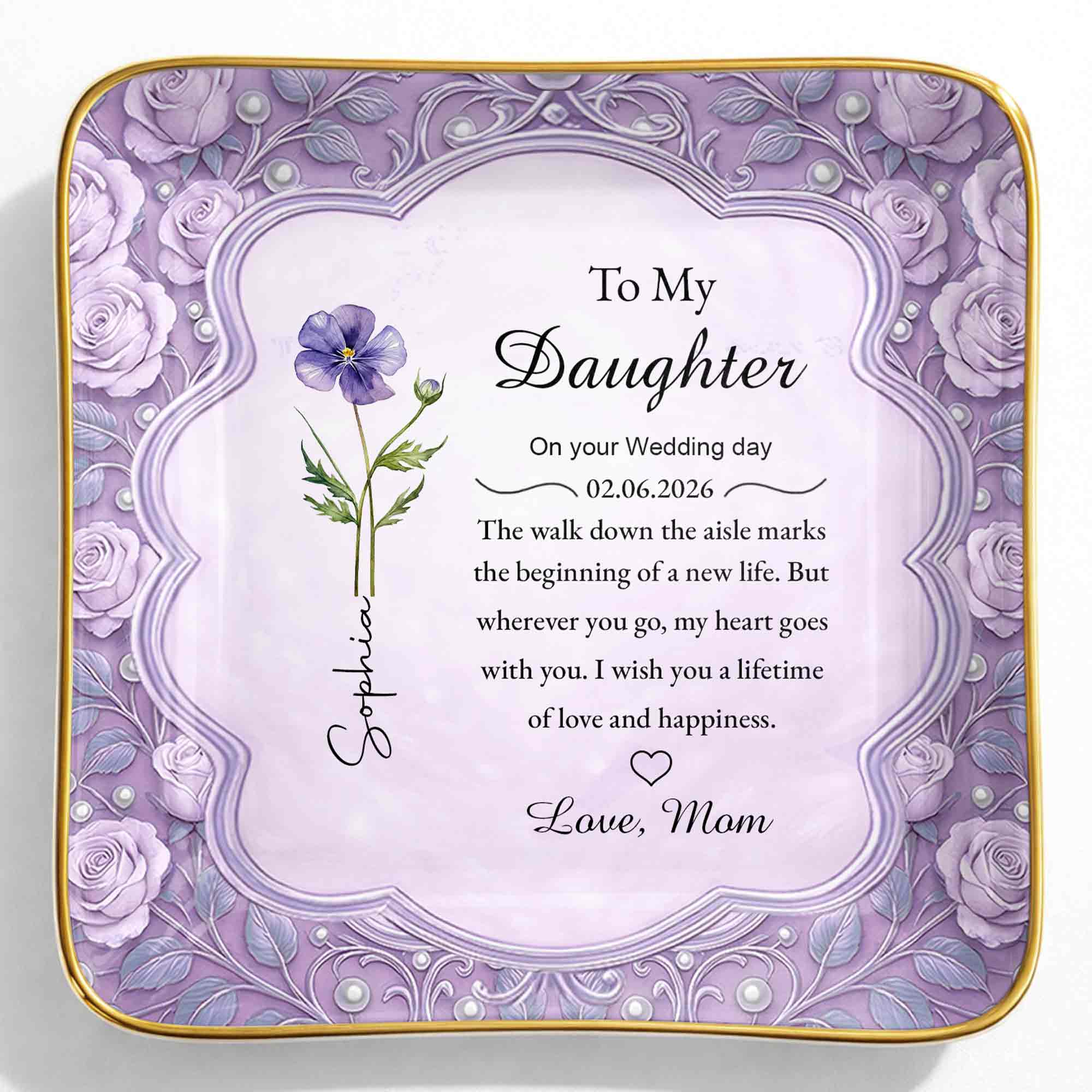 To My Daughter On Your Wedding Day Birth Month Flowers Ceramic Dish - Personalized Custom Jewelry Dish, Ceramic Dish, Square Shape - DAU372_SCRF
