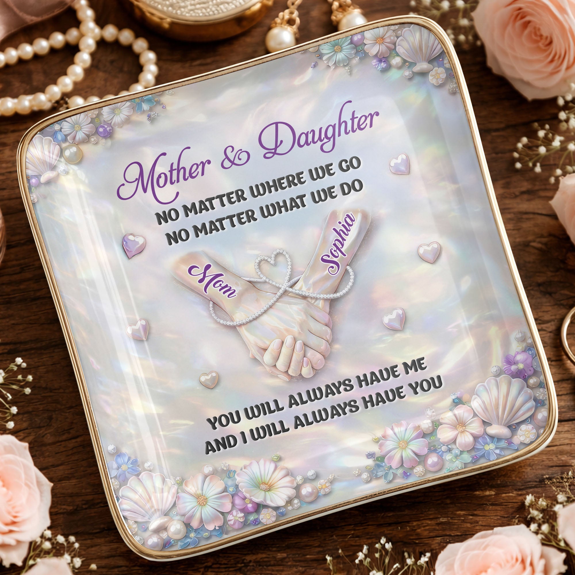 Mother And Daughter No Matter Where We Go Holding Hands Flowers - Personalized Custom Jewelry Dish, Ceramic Dish, Square Shape - DAU374_SCRF