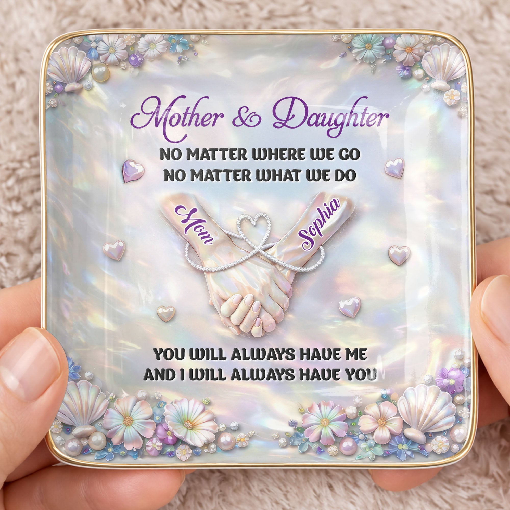 Mother And Daughter No Matter Where We Go Holding Hands Flowers - Personalized Custom Jewelry Dish, Ceramic Dish, Square Shape - DAU374_SCRF