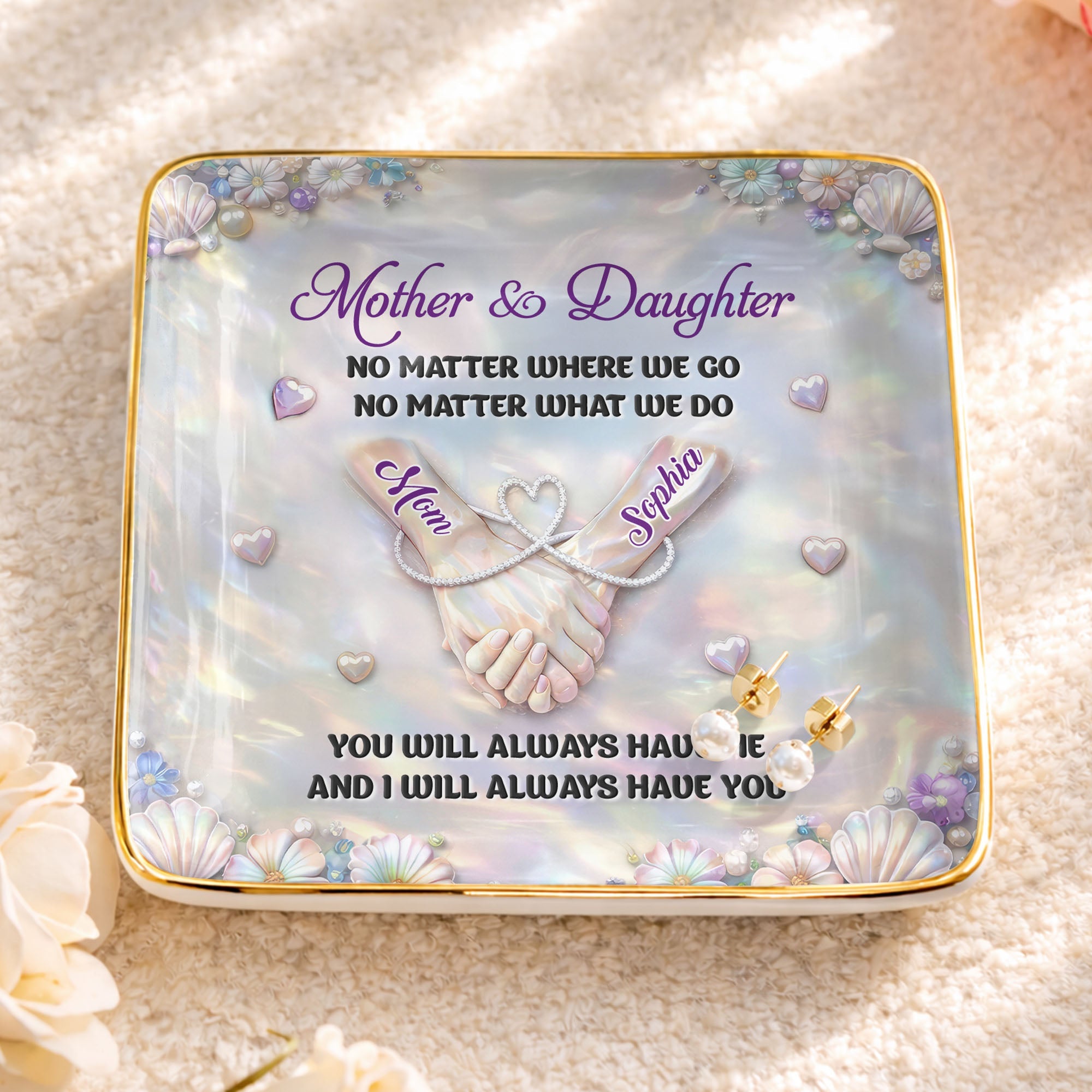 Mother And Daughter No Matter Where We Go Holding Hands Flowers - Personalized Custom Jewelry Dish, Ceramic Dish, Square Shape - DAU374_SCRF