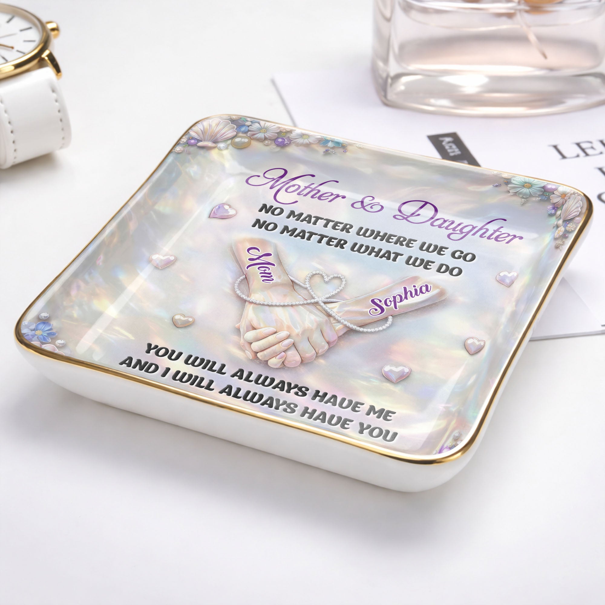 Mother And Daughter No Matter Where We Go Holding Hands Flowers - Personalized Custom Jewelry Dish, Ceramic Dish, Square Shape - DAU374_SCRF