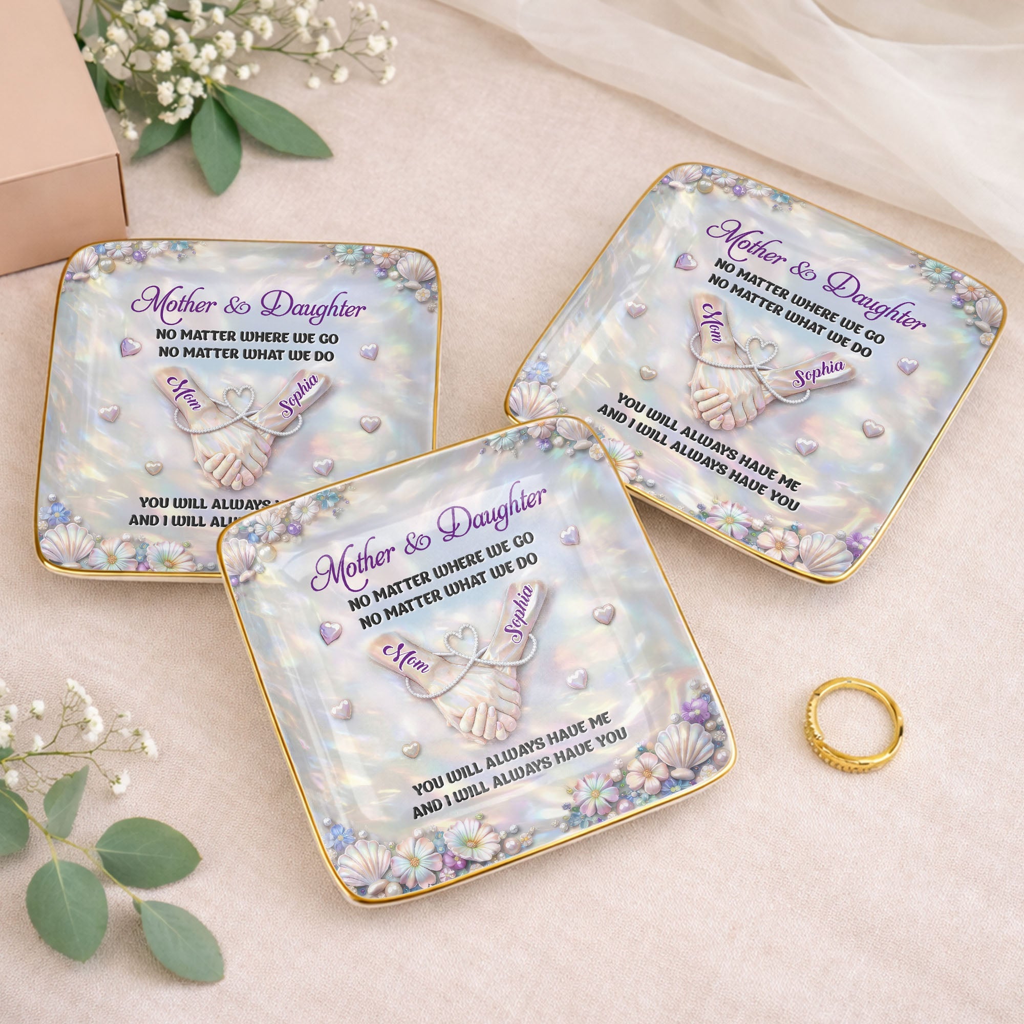 Mother And Daughter No Matter Where We Go Holding Hands Flowers - Personalized Custom Jewelry Dish, Ceramic Dish, Square Shape - DAU374_SCRF