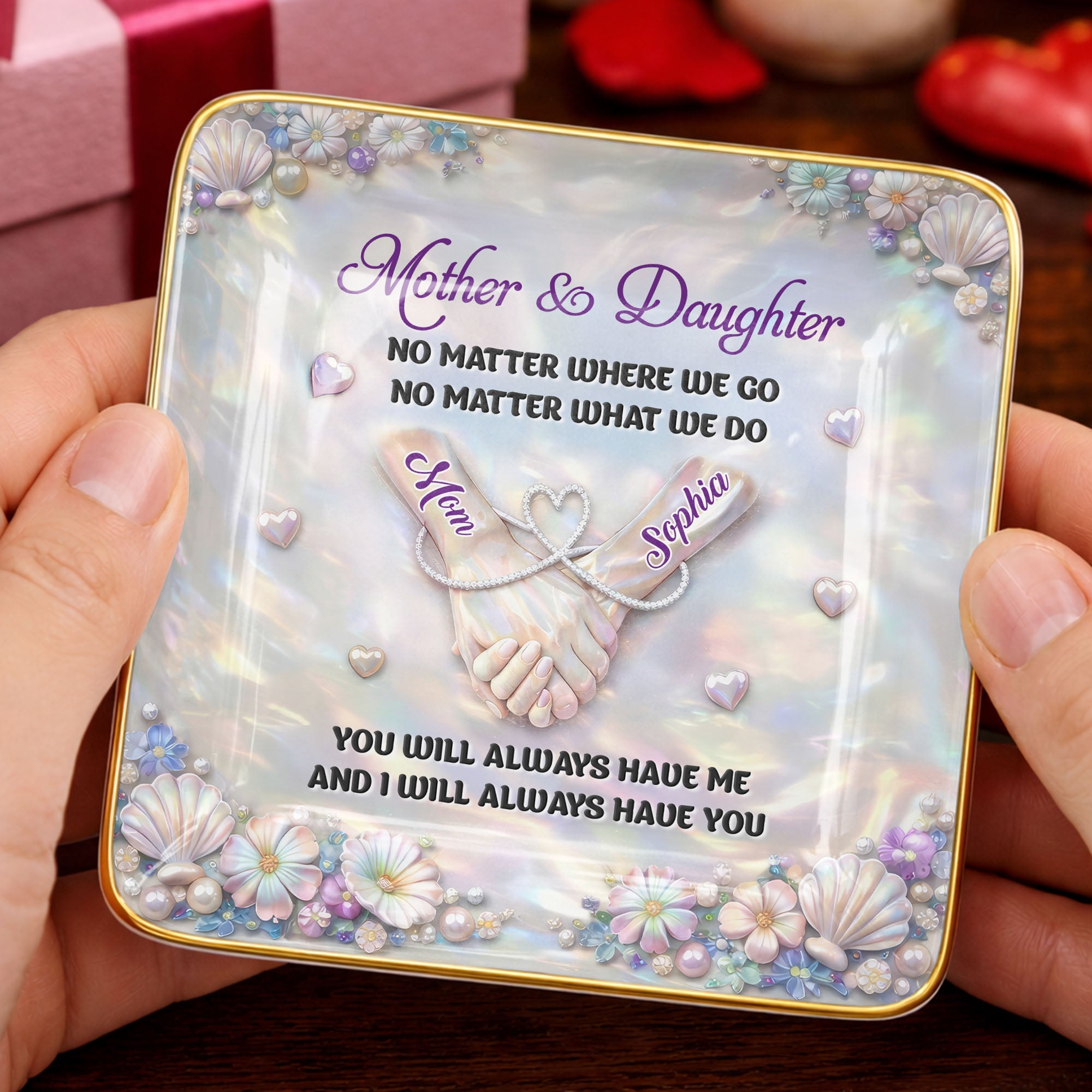 Mother And Daughter No Matter Where We Go Holding Hands Flowers - Personalized Custom Jewelry Dish, Ceramic Dish, Square Shape - DAU374_SCRF