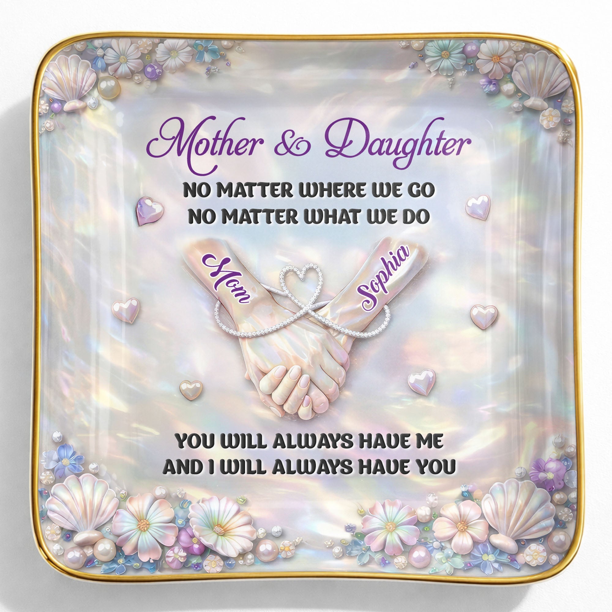 Mother And Daughter No Matter Where We Go Holding Hands Flowers - Personalized Custom Jewelry Dish, Ceramic Dish, Square Shape - DAU374_SCRF