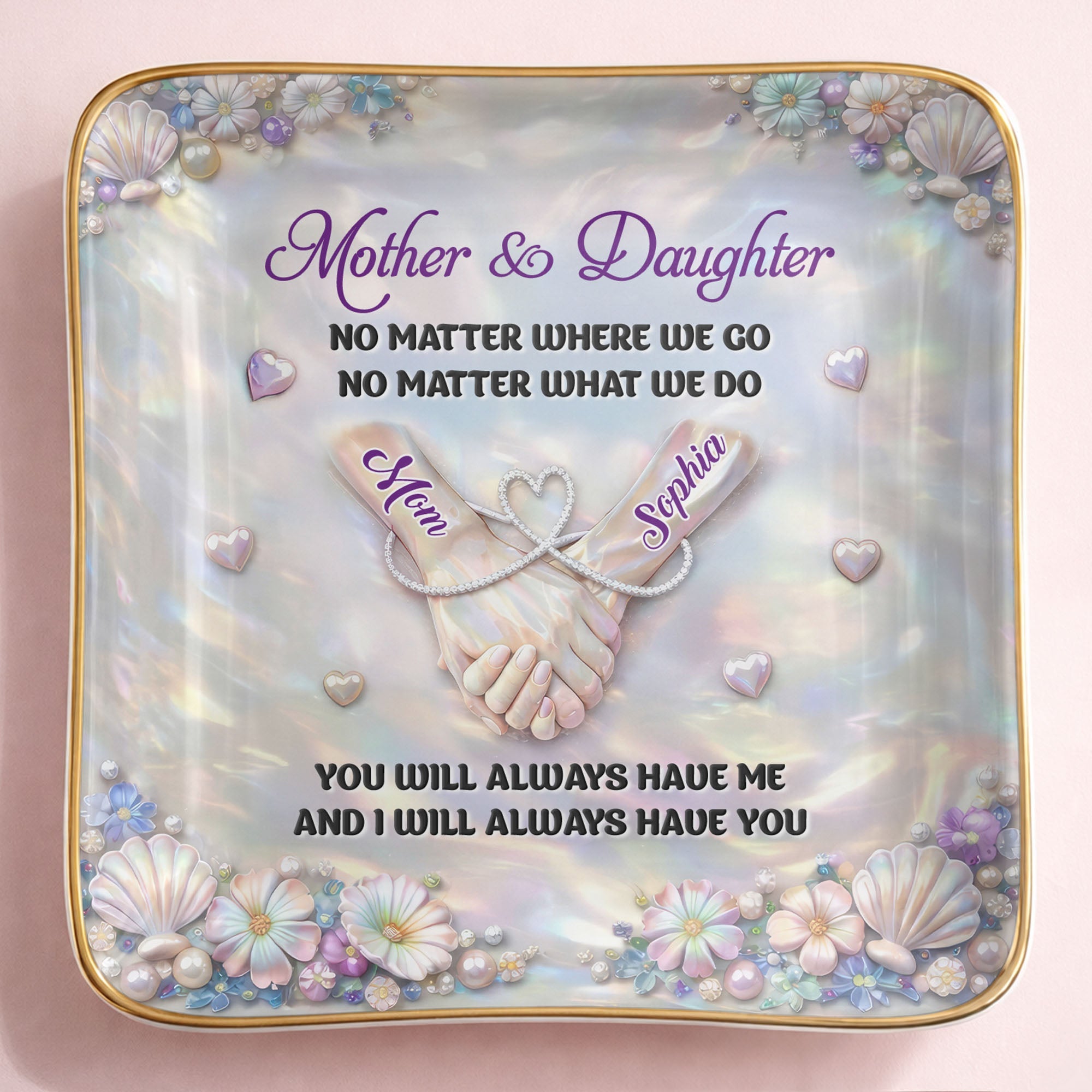 Mother And Daughter No Matter Where We Go Holding Hands Flowers - Personalized Custom Jewelry Dish, Ceramic Dish, Square Shape - DAU374_SCRF