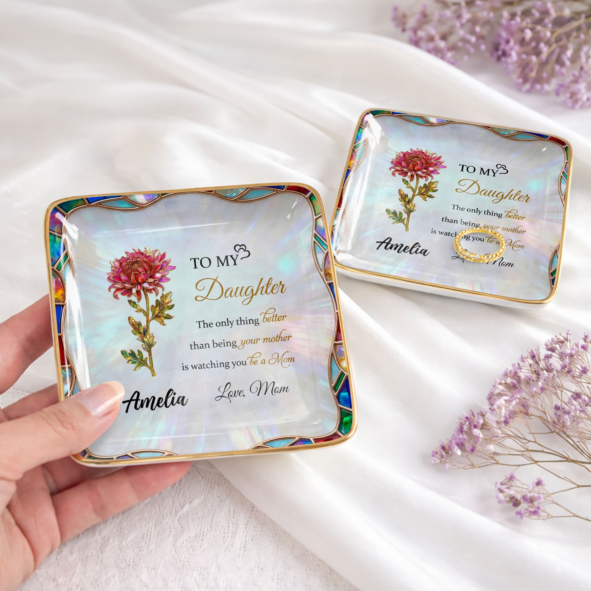 To My Daughter The Only Thing Better Birth Month Flower Stained Glass - Personalized Custom Jewelry Dish, Ceramic Dish, Square Shape - DAU384_SCRF